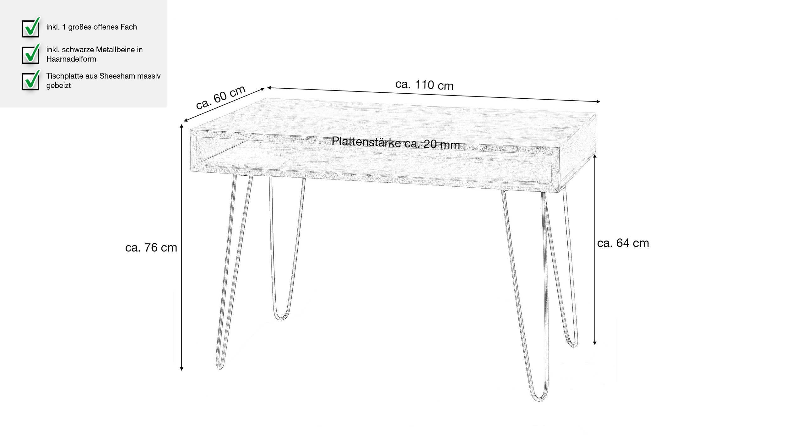 Schreibtisch Sheesham massiv gebeizt 110 x 60 cm - BARDI