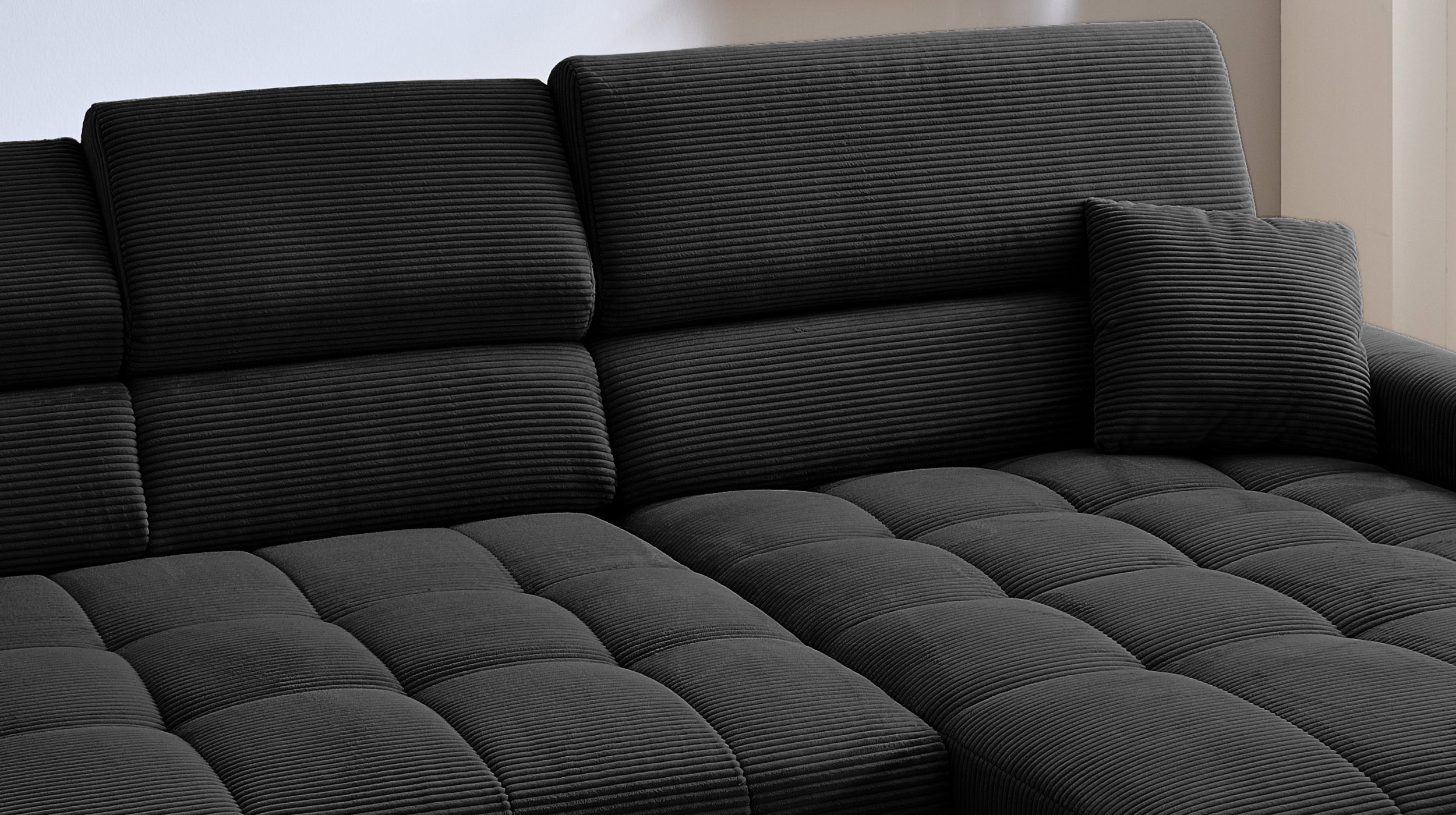 Ecksofa Cord schwarz ausziehbar - Sitztiefenverstellung 256 cm - OT rechts - SIMPLE