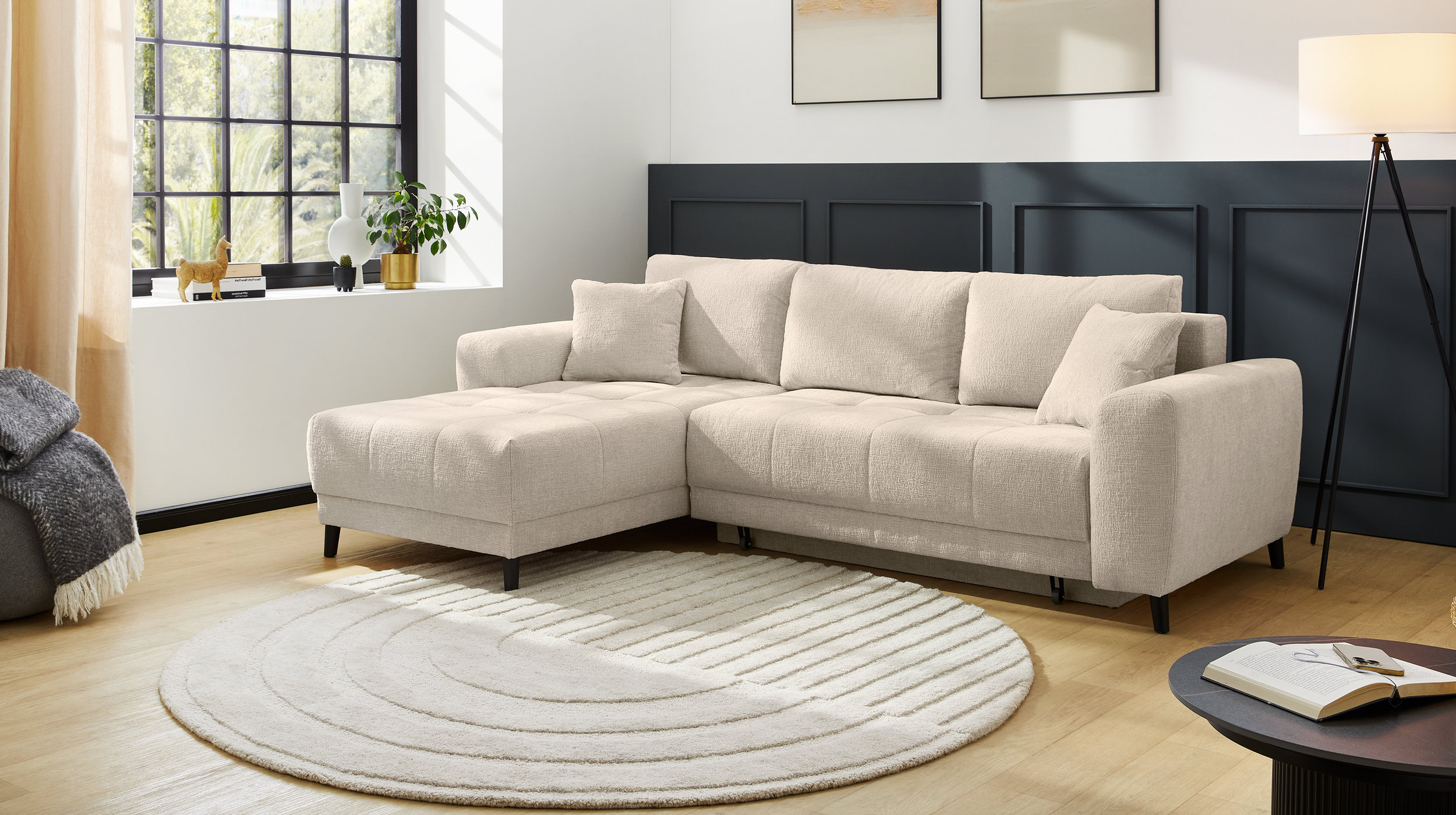 Ecksofa mit Schlaffunktion beige 251 x 172 cm - Bettkasten - BEVERLY