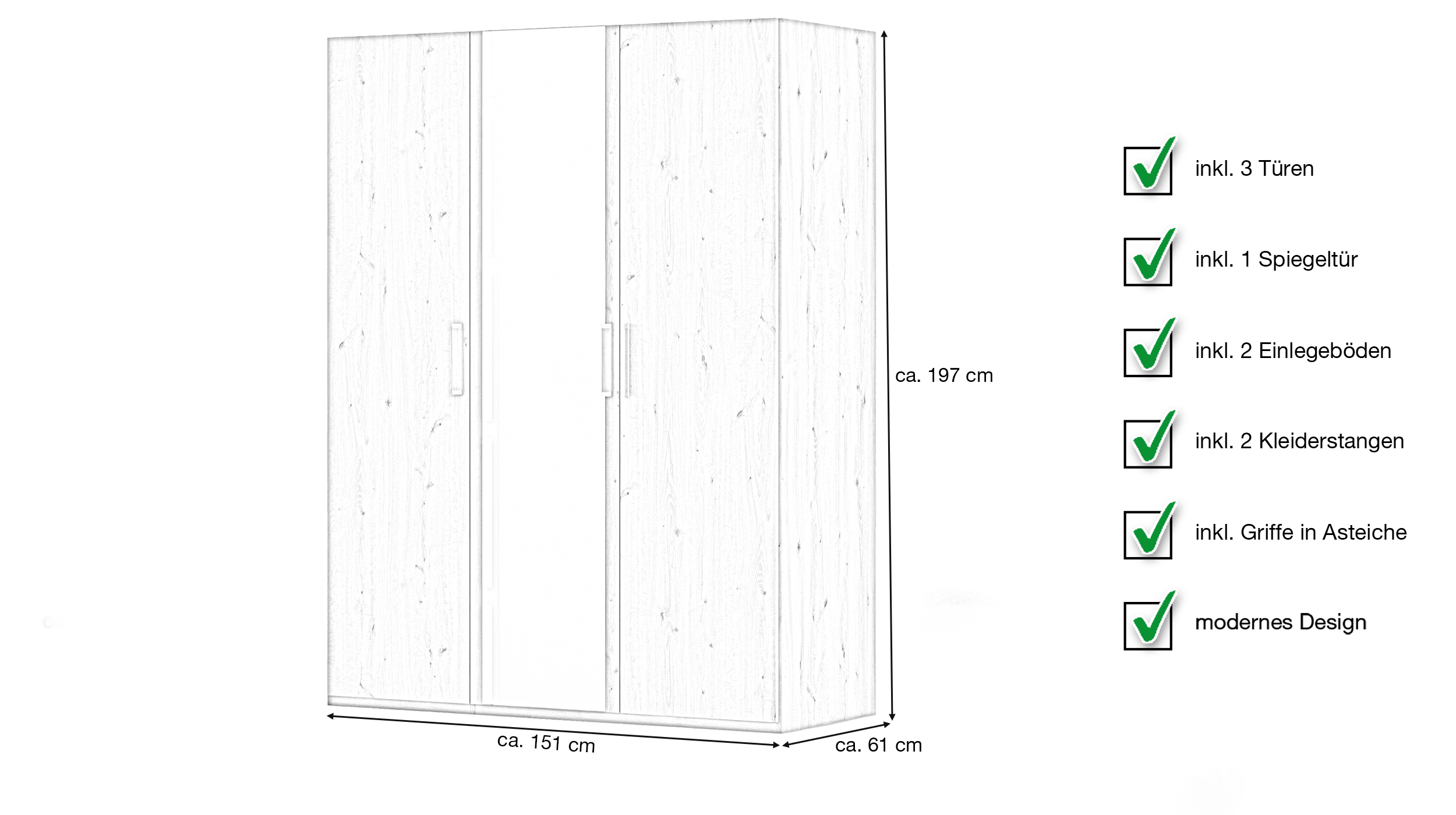 Kleiderschrank mit Spiegel - Asteiche - 151 cm - rauch - EVELYN