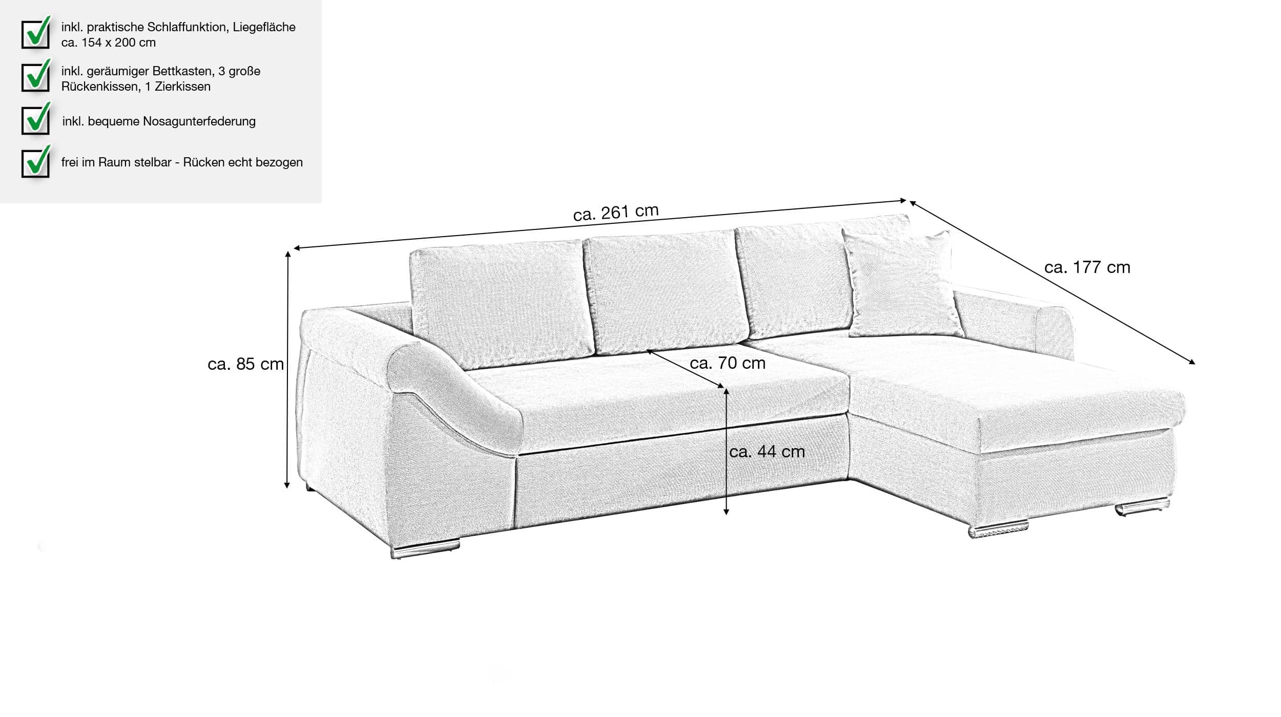 Ecksofa grau mit Schlaffunktion - Bettkasten 261 cm - RAMONA
