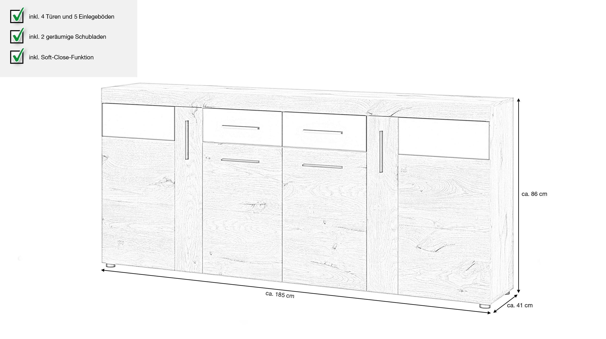 Sideboard mit 2 Schubladen Viking Eiche - grau 185 cm - GRANO