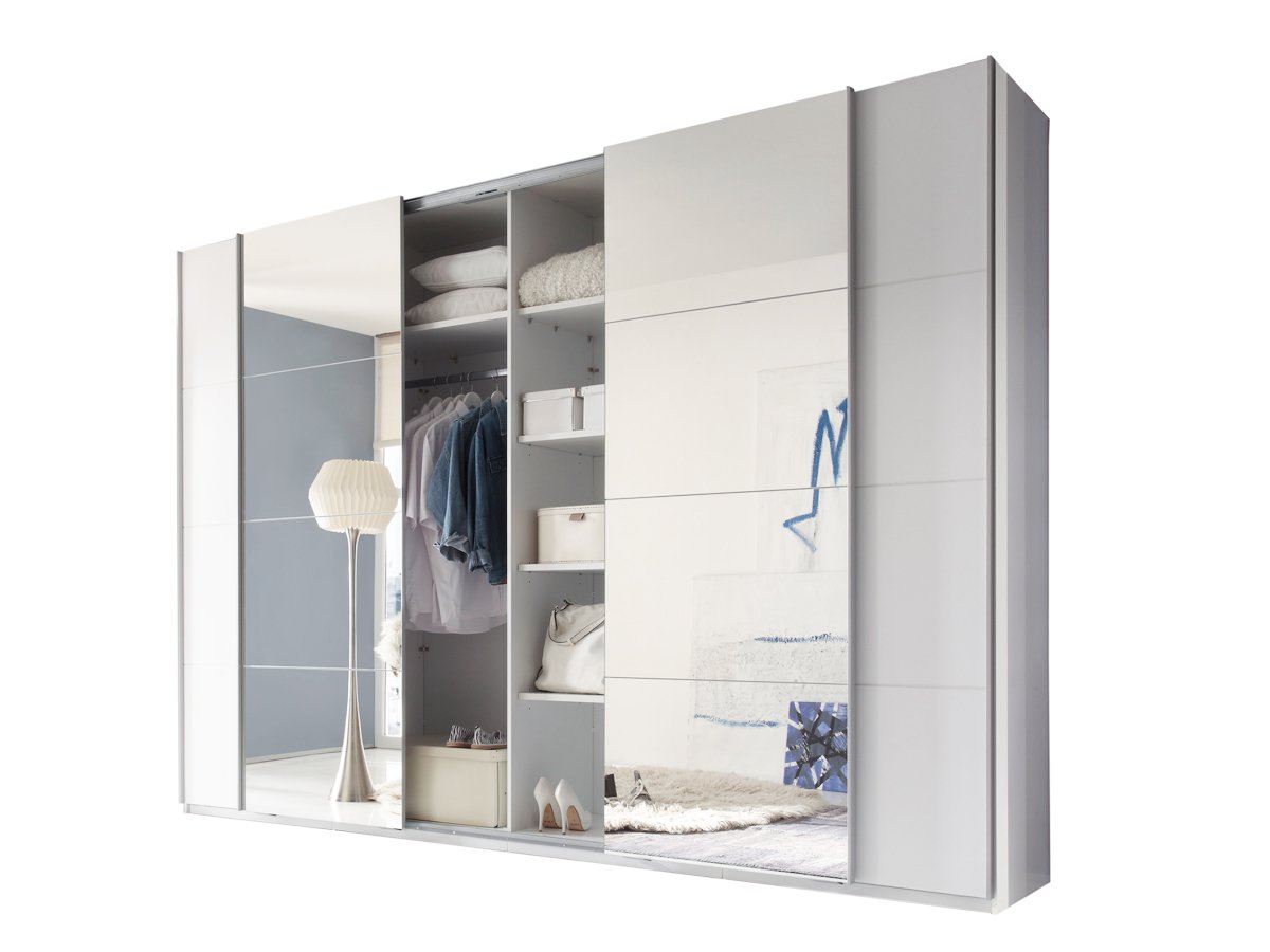 Schwebetürenschrank mit Spiegel - weiß - 315 cm - SYNCHRO