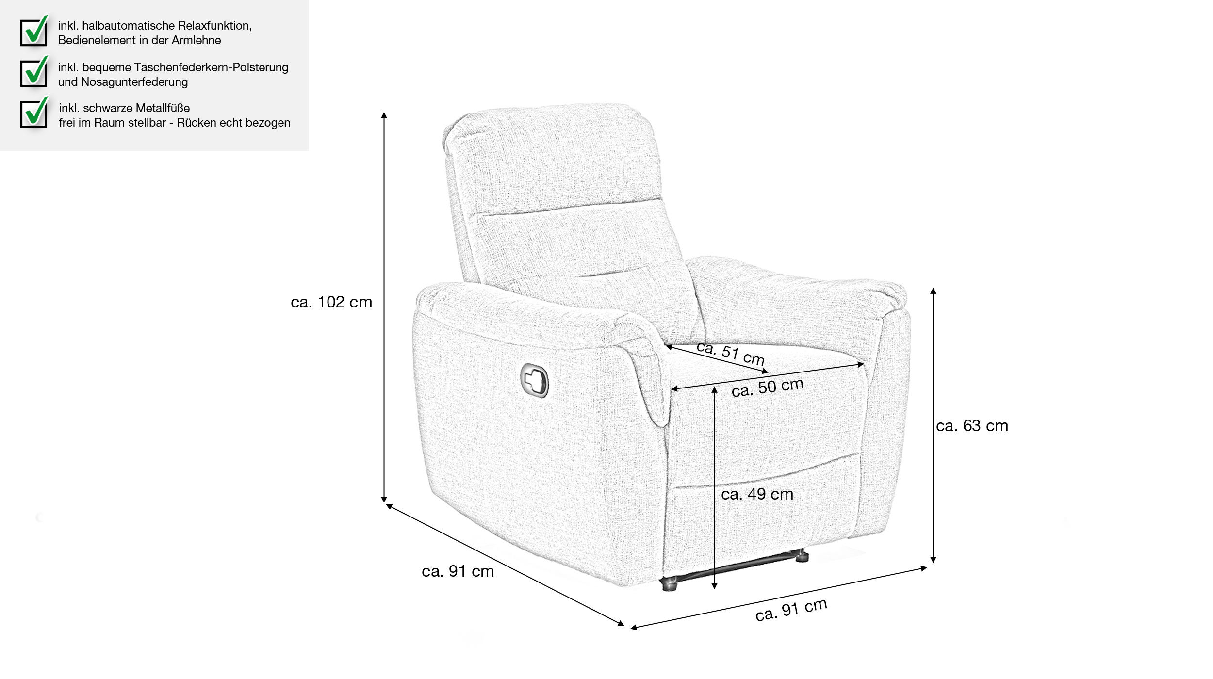 Fernsehsessel grau Chenille mit Relaxfunktion - UTAH