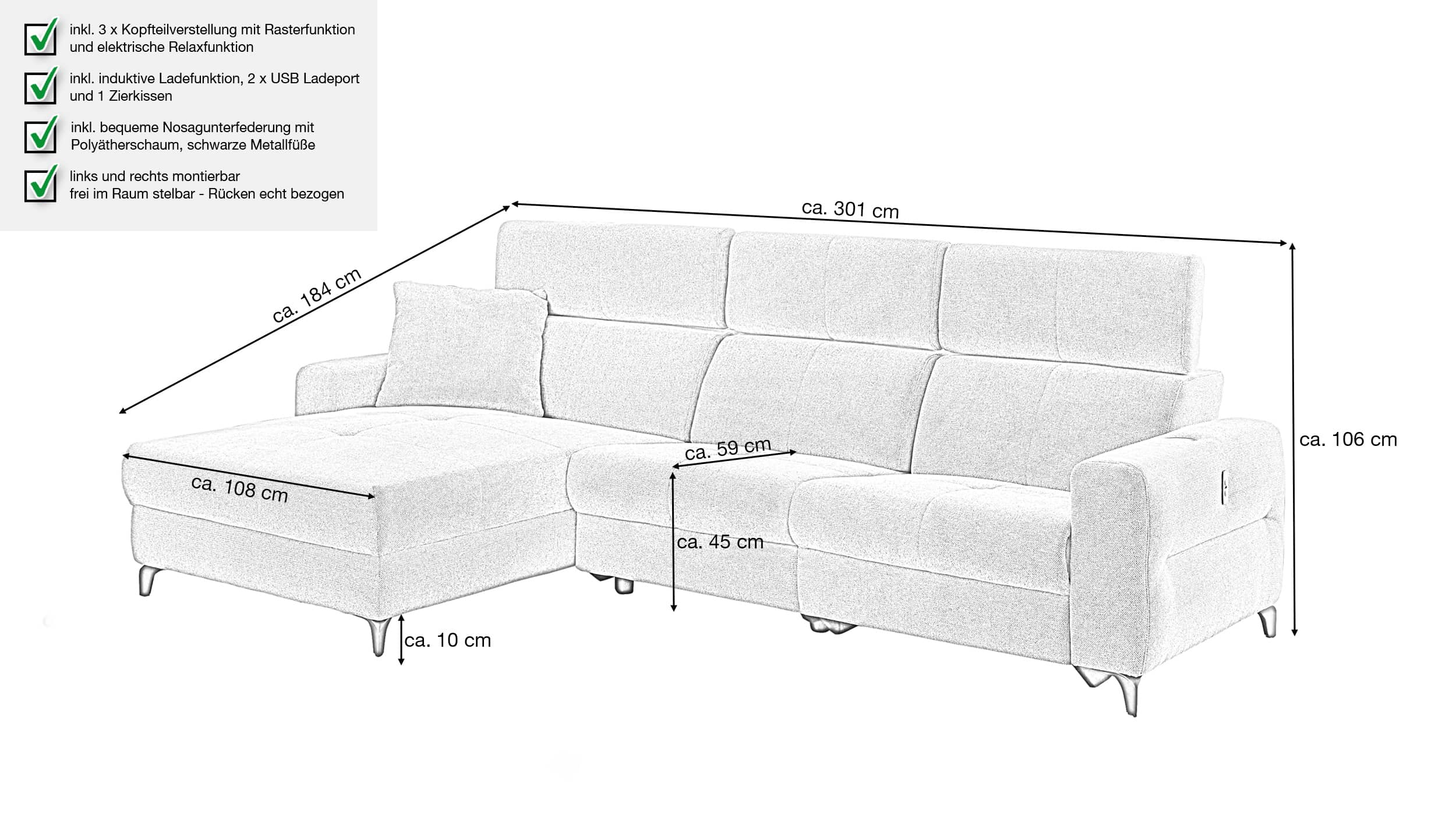 Ecksofa grau 301 x 184 cm mit Relaxfunktion - MONACO