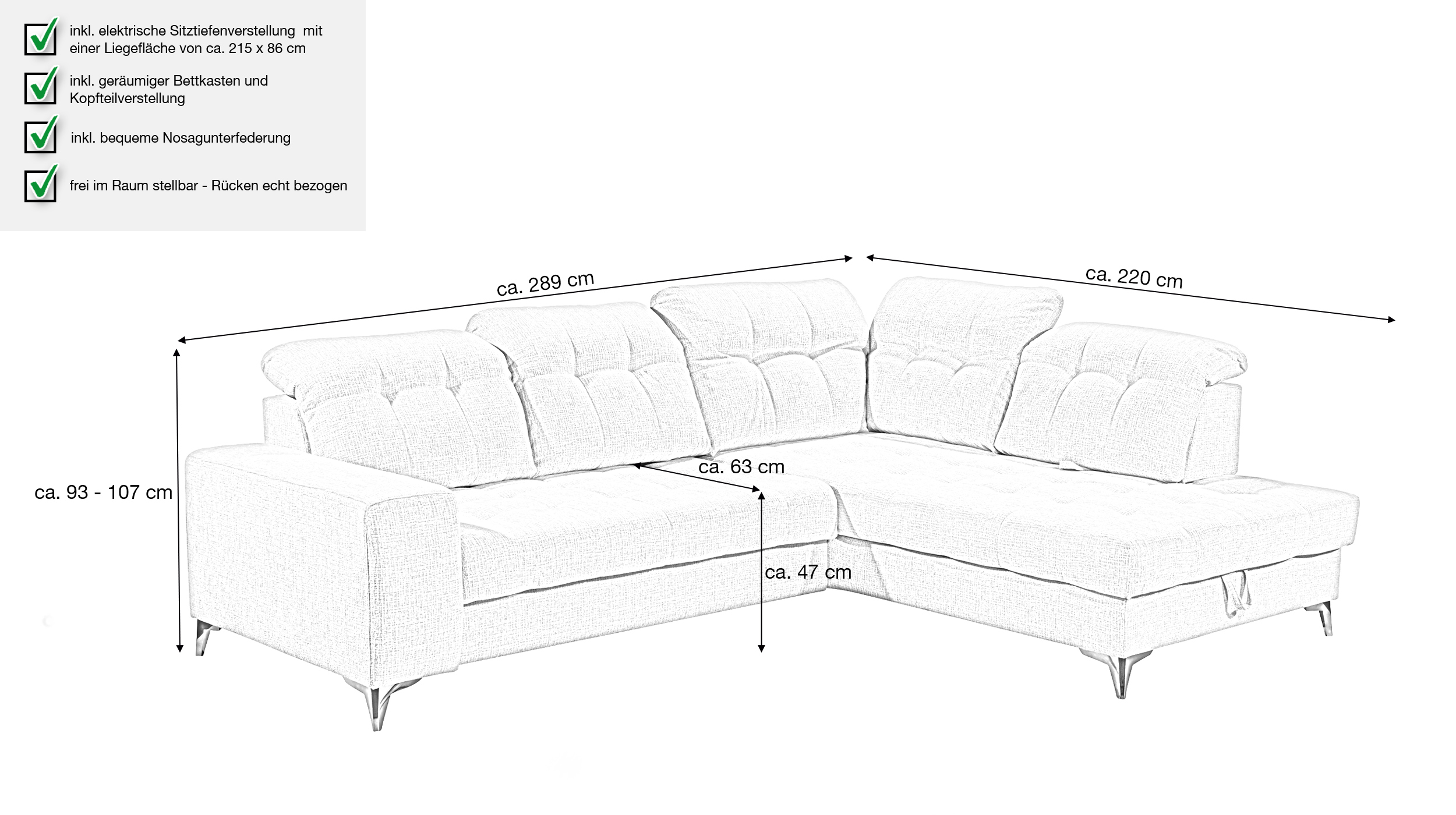 Ecksofa Sitztiefenverstellung grau Bettkasten 289 cm - VARADERO