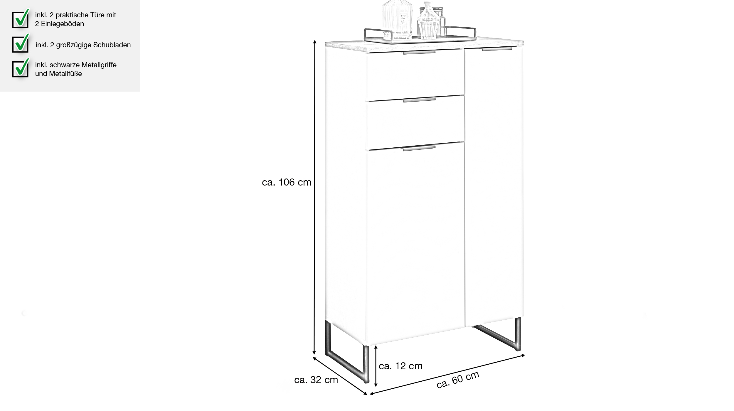 Bad Unterschrank weiß Eiche 60 cm - 2 Schubladen - DALIA