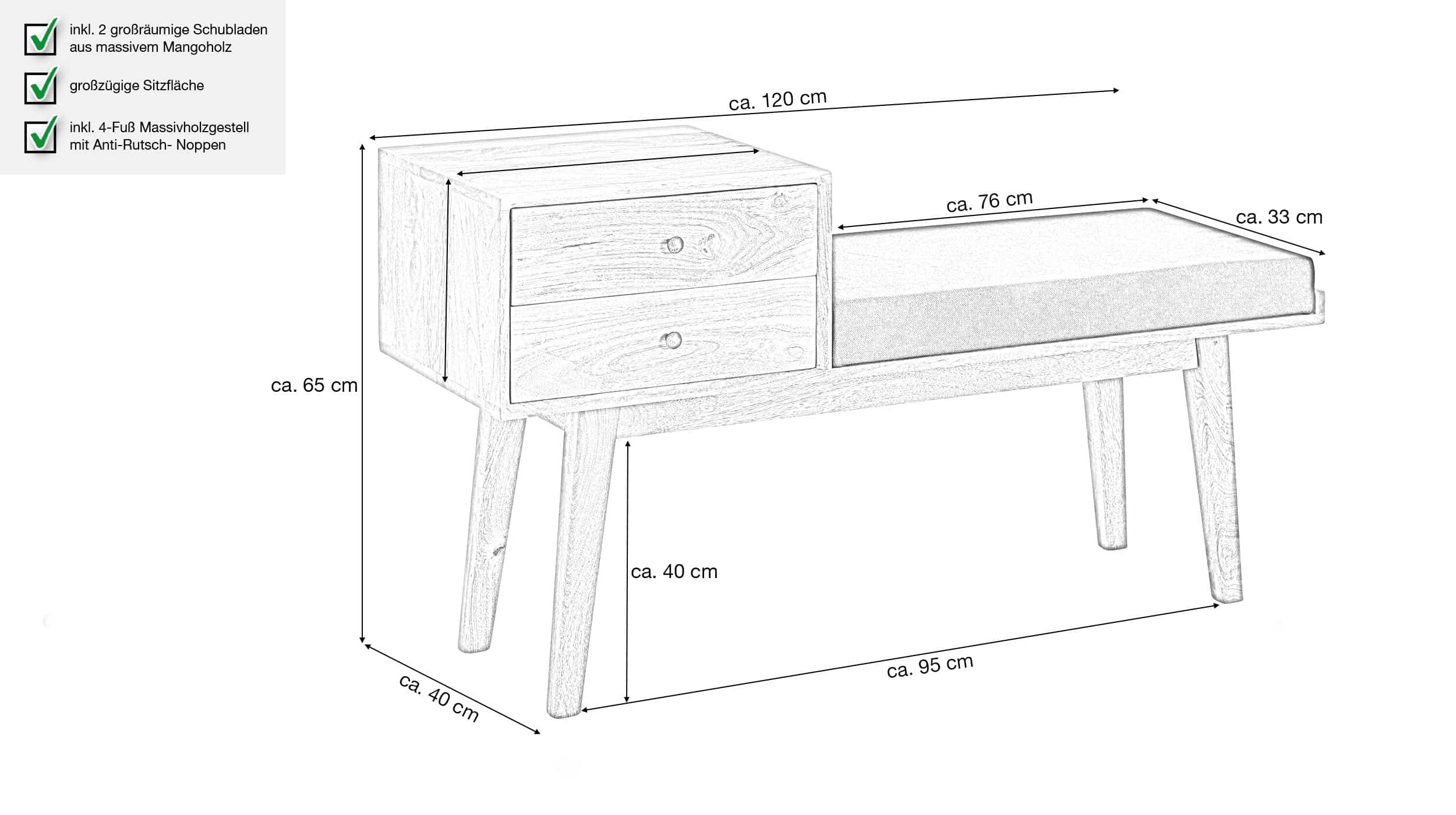 Sitzbank mit Schubladen 120 cm Mango lackiert - MARIT 