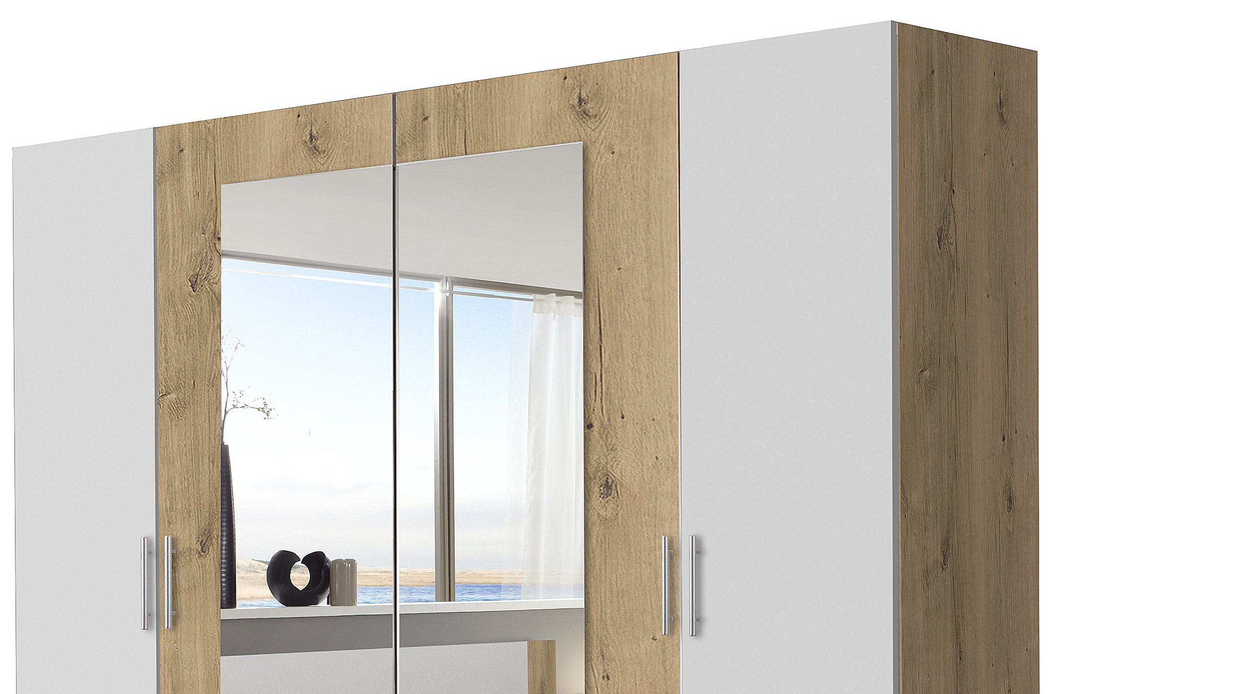 Kleiderschrank mit Spiegel - Plankeneiche - weiß - 225 cm - NORA