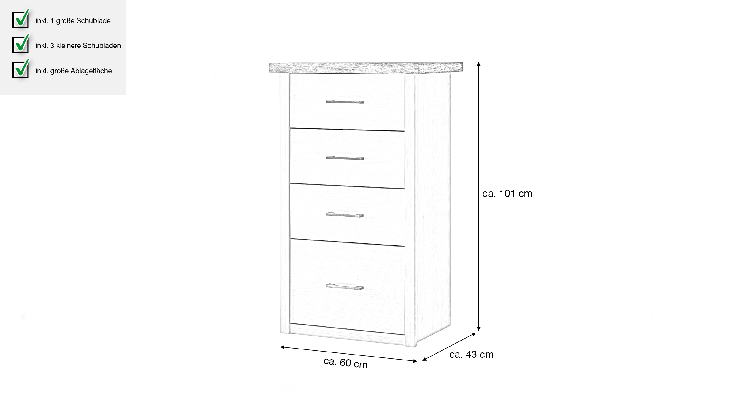 Kommode mit 4 Schubladen Pinie weiß 60 cm x 43 cm - LUCA