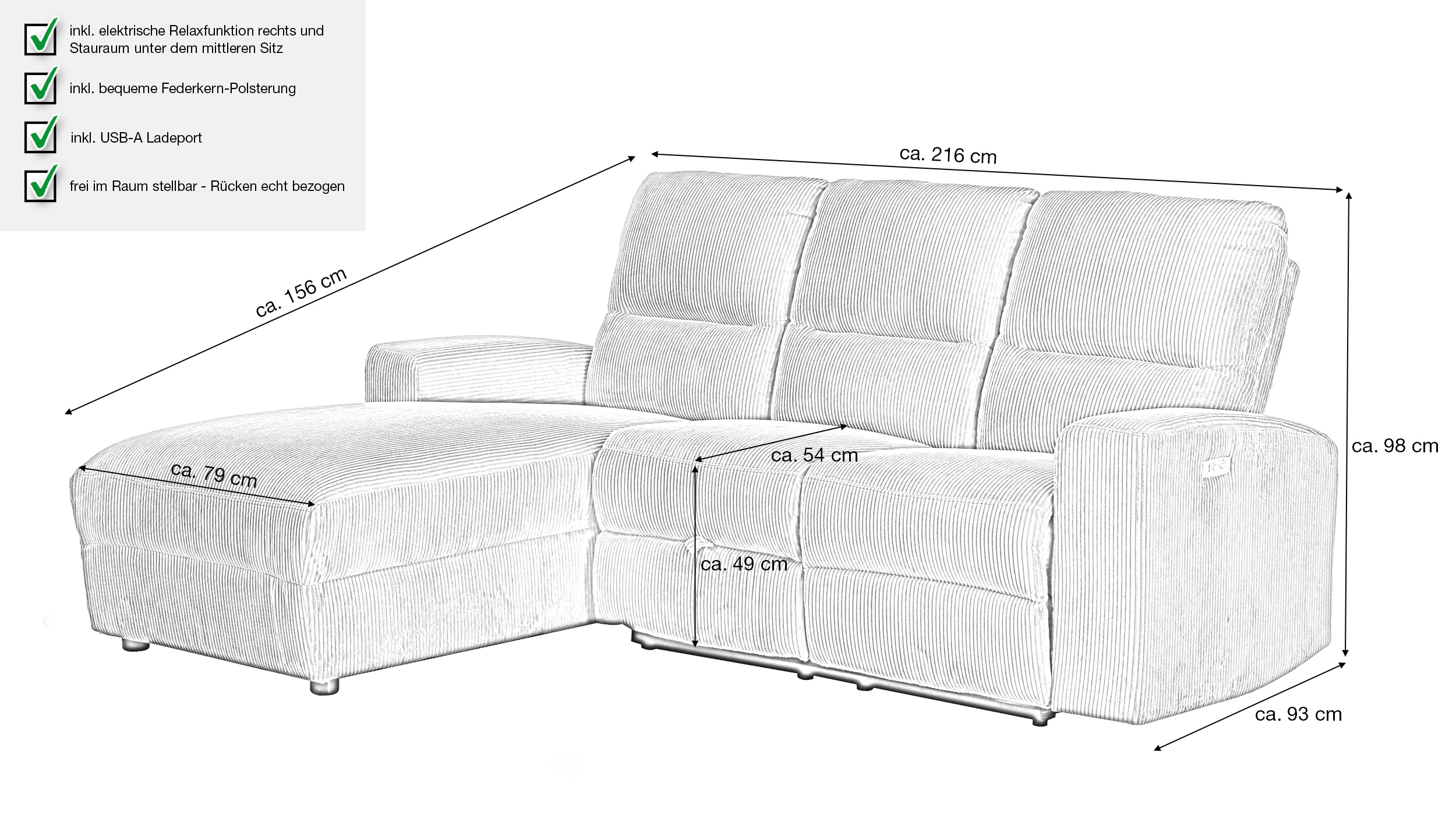 Ecksofa Cord grau 216 x 156 cm Relaxfunktion Federkern - PALINA