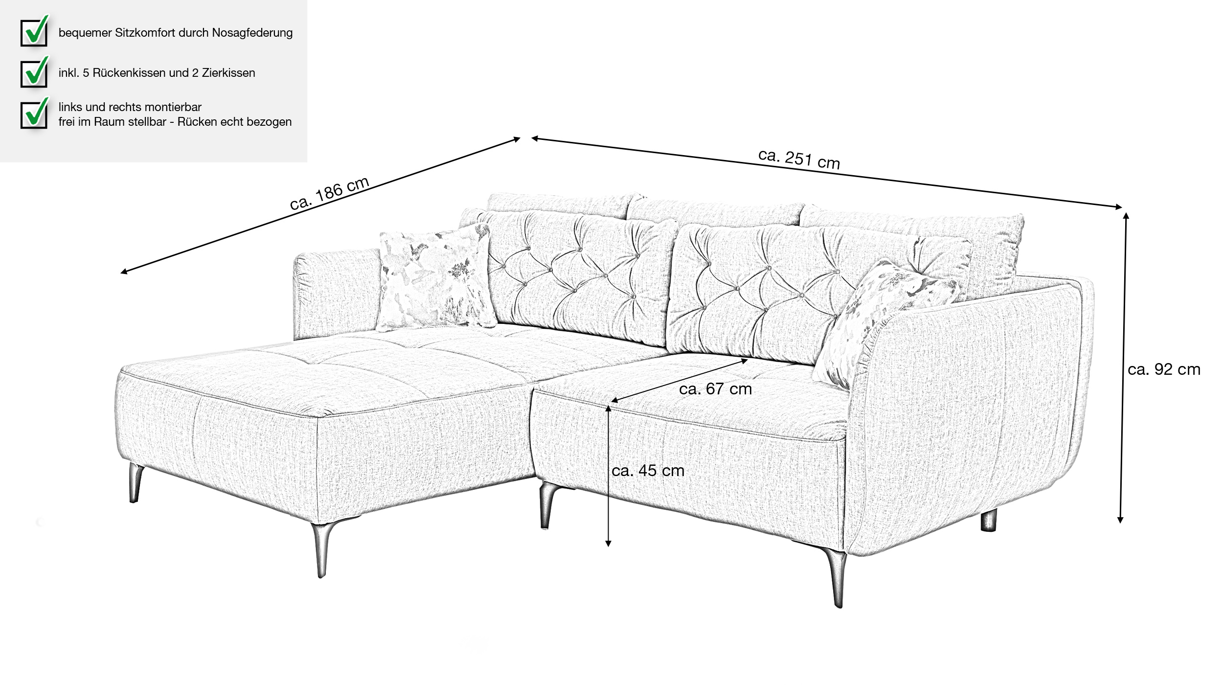 Ecksofa Veloursbezug grau 251 x 186 cm - SALO