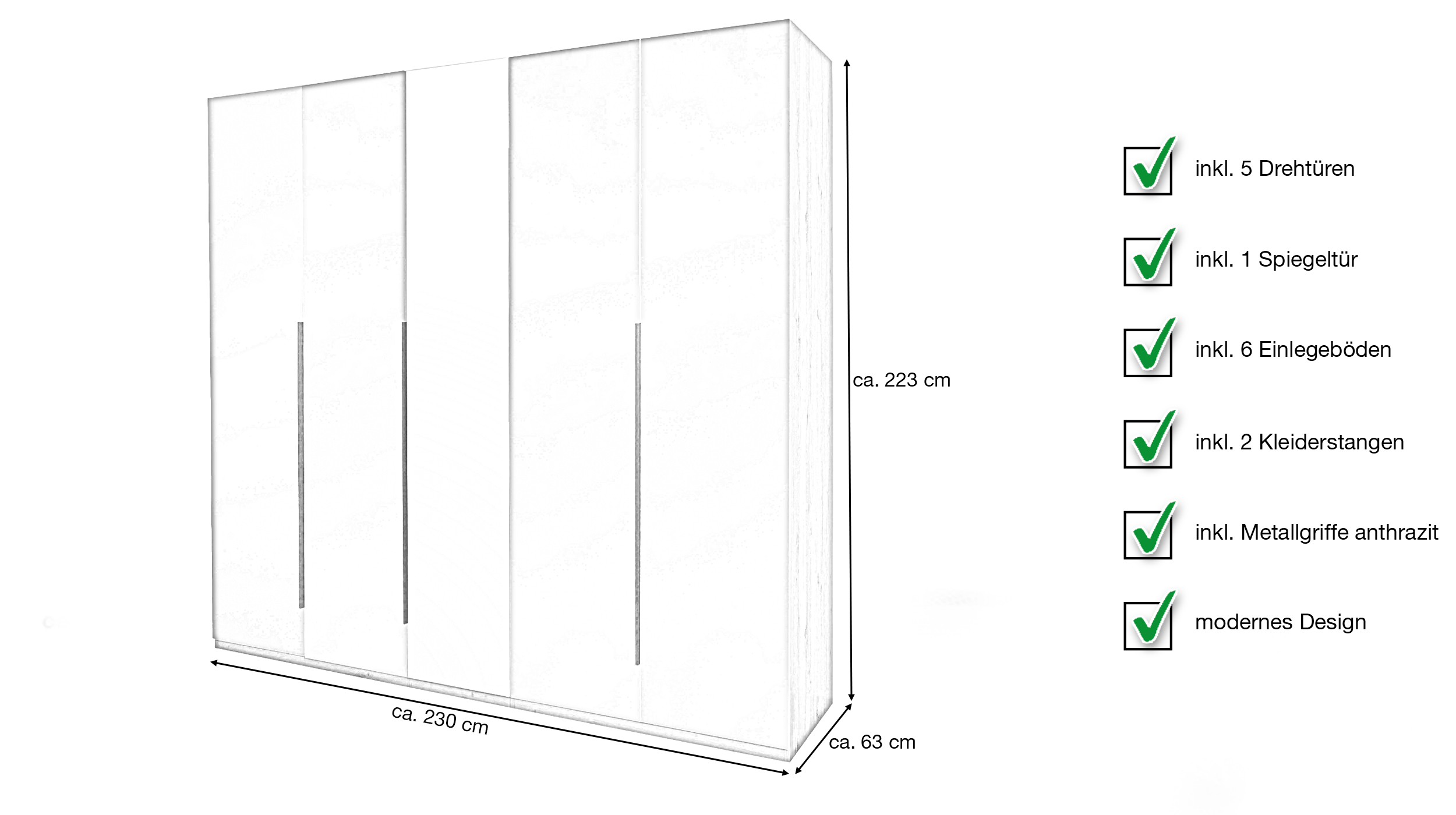Kleiderschrank mit Spiegel grau hochglanz - Eiche 230 cm - SPOSAMI