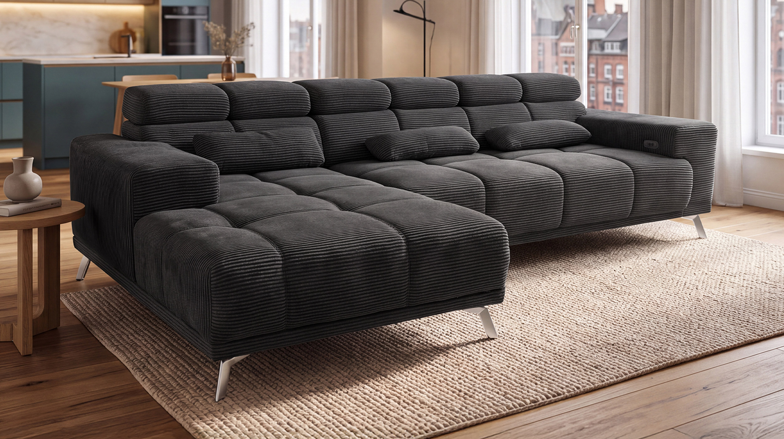 Ecksofa Cord grau elektrisch ausfahrbar 285 cm - OT links - SPEED