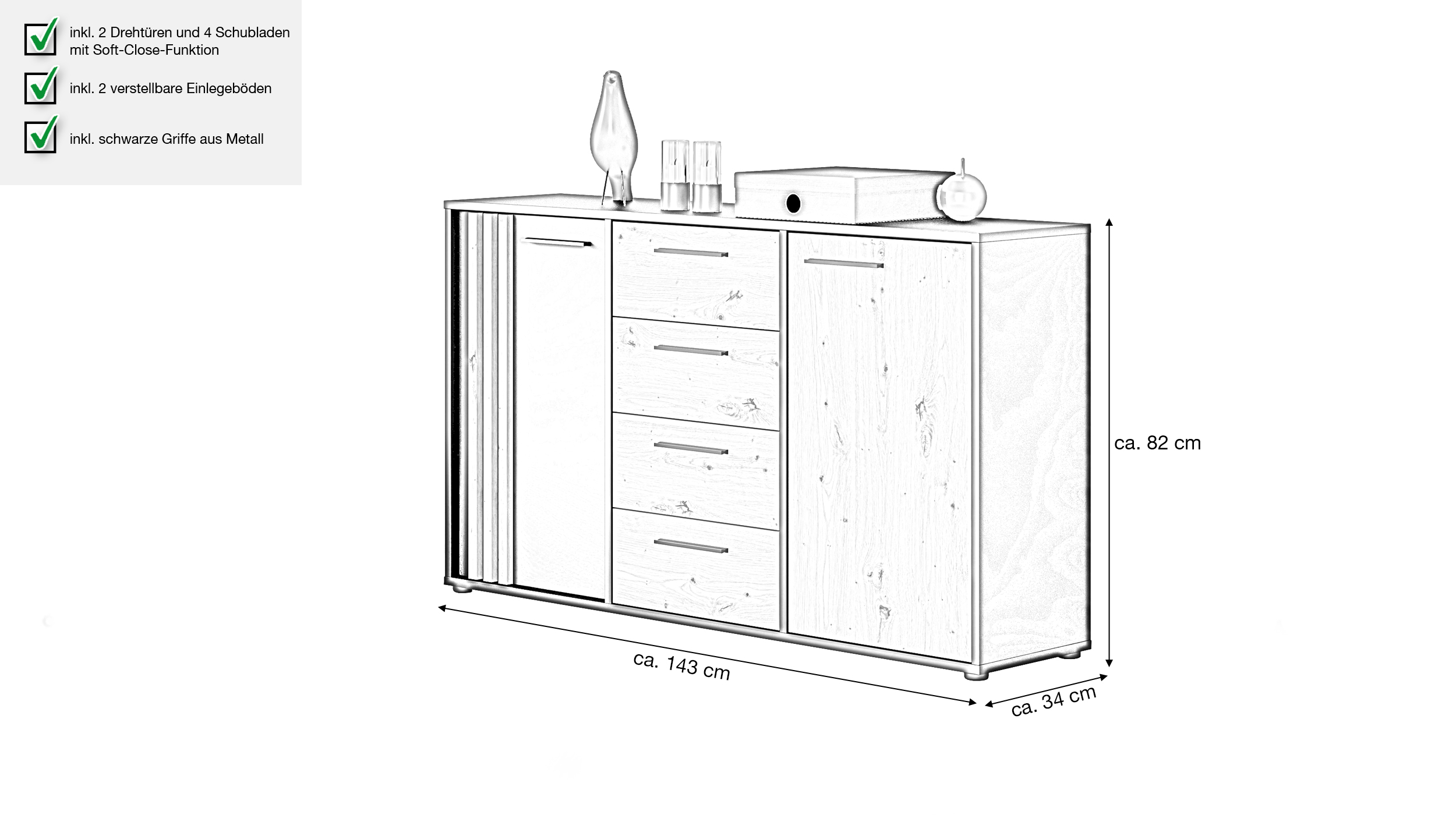 Kommode mit 4 Schubladen Artisan Eiche - schwarz 143 x 34 cm - CARDIGAN