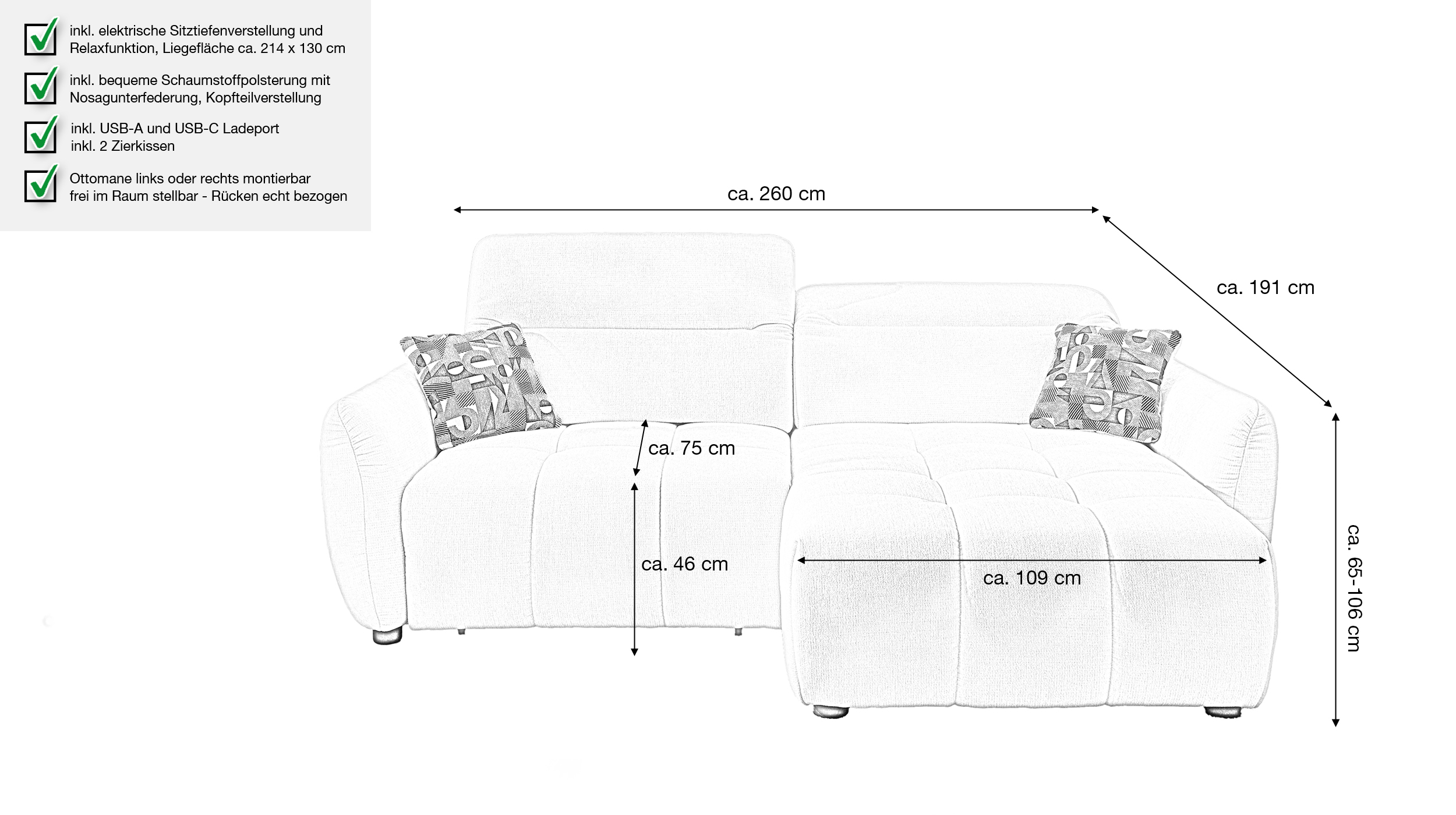 Ecksofa elektrisch ausfahrbar - Relaxfunktion beige 260 cm - ZOOM