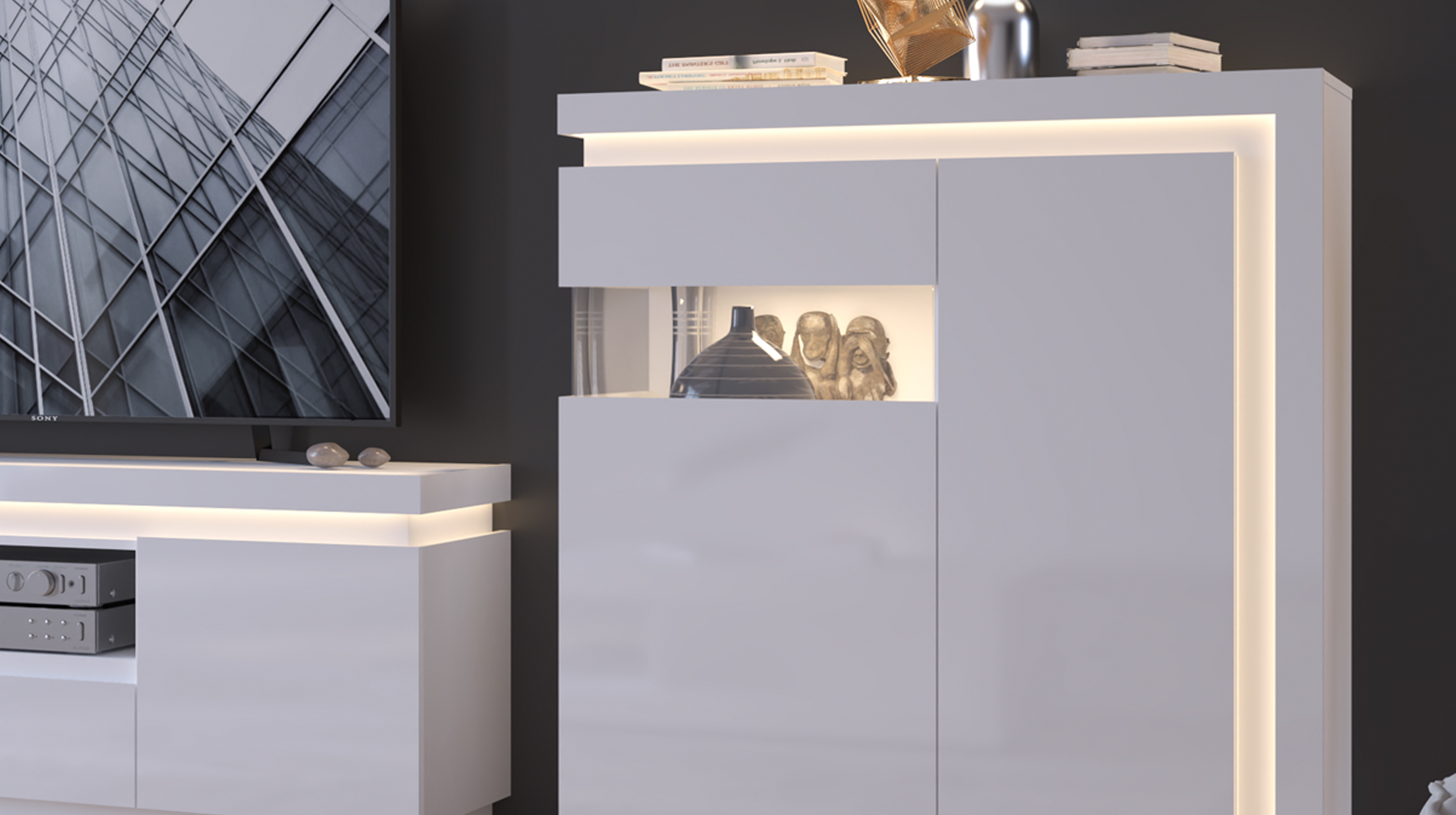 Highboard mit Beleuchtung weiß Hochglanz 108 cm - LYON