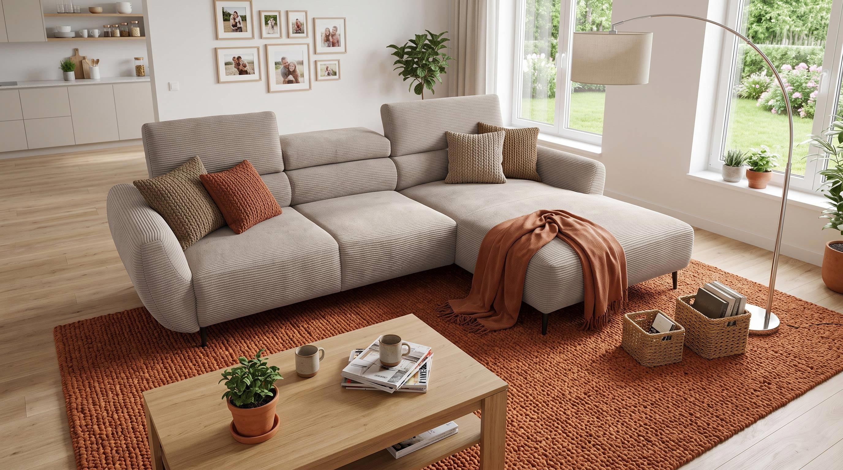 Ecksofa beige Cord elektrisch ausfahrbar 277 cm - OT rechts - AVELINO