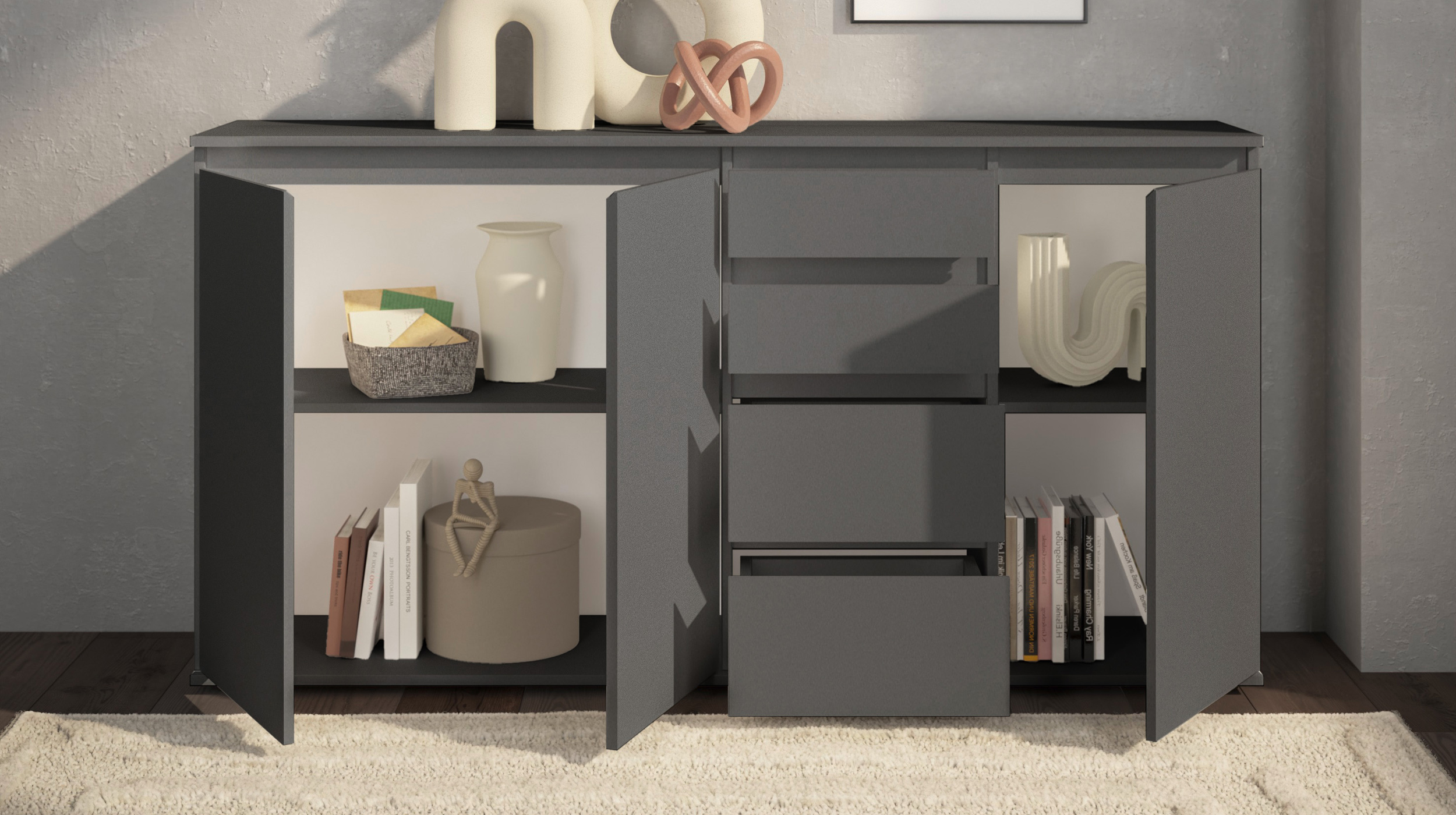 Sideboard mit 4 Schubladen anthrazit 160 cm - 3-türig - BRESTA