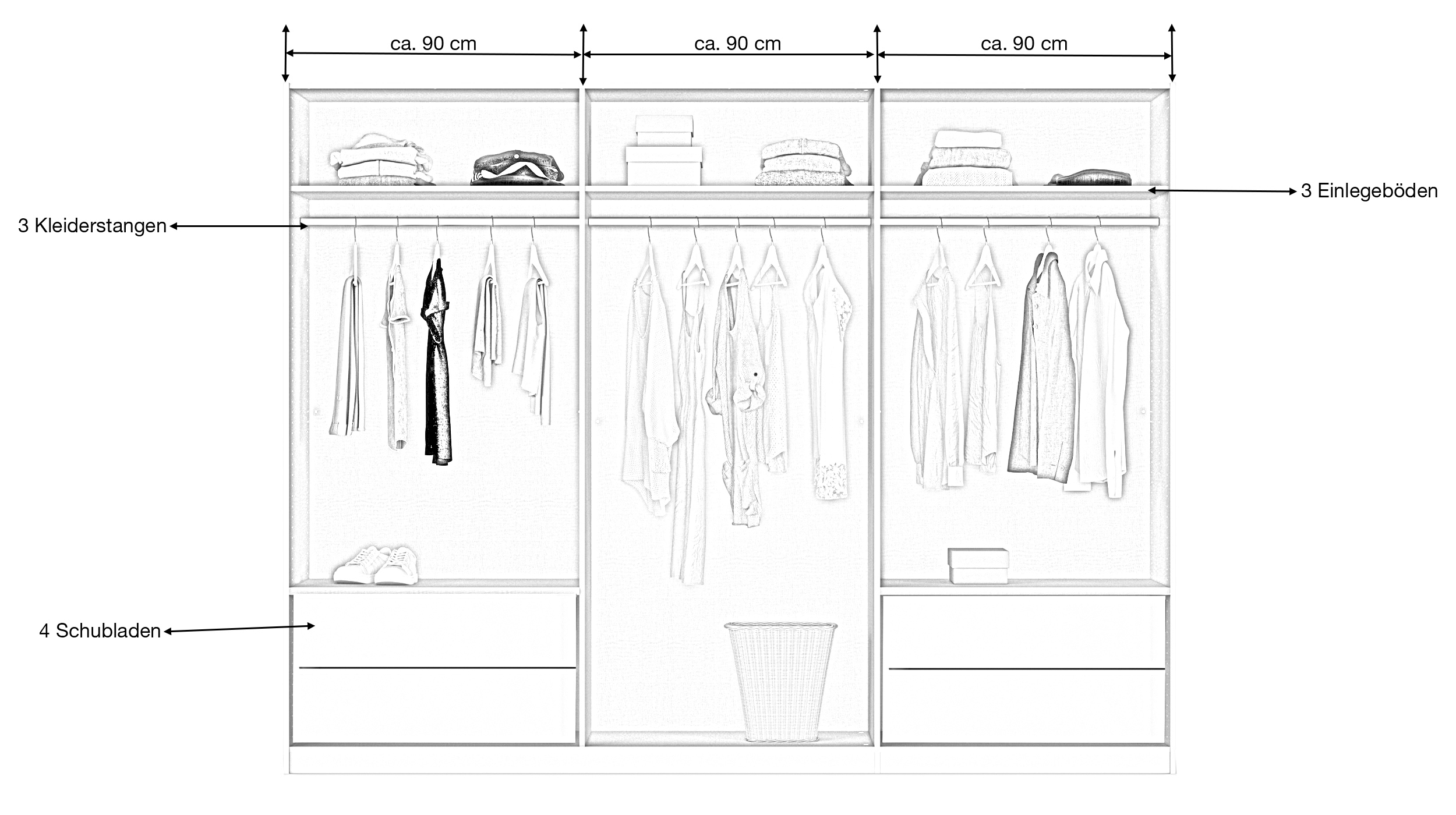 Schwebetürenschrank grau mit Spiegel 271 cm 3-türig - ELARA