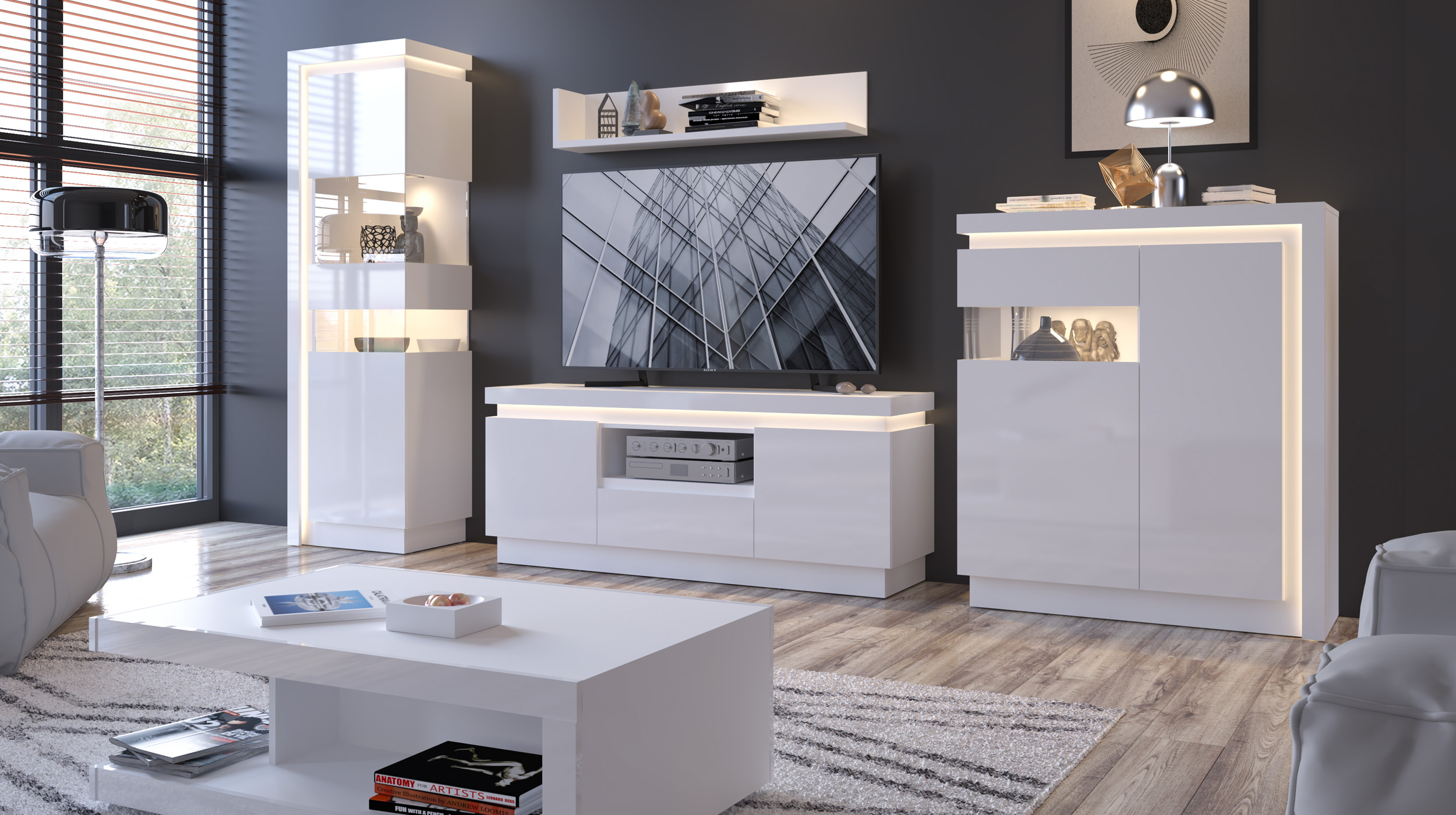 Highboard mit Beleuchtung weiß Hochglanz 108 cm - LYON