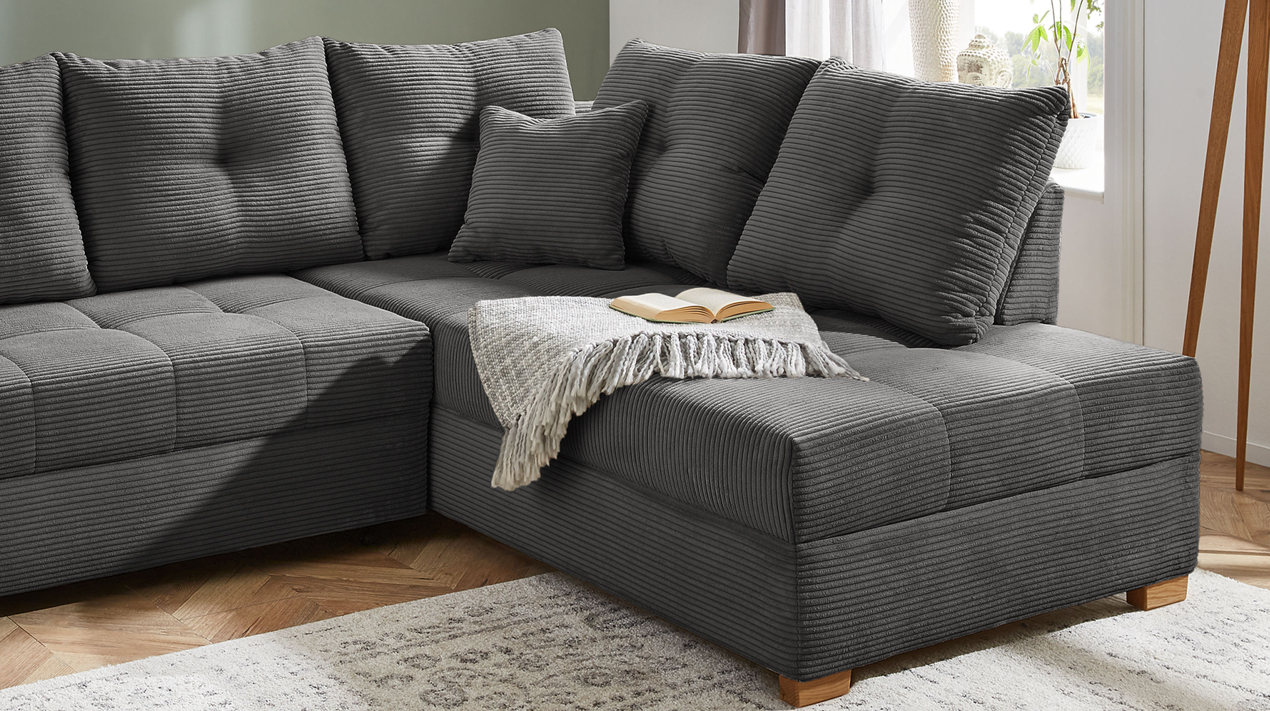 Ecksofa Cord dunkelgrau - Schlaffunktion Bettkasten 228 cm - HEIDELBERG