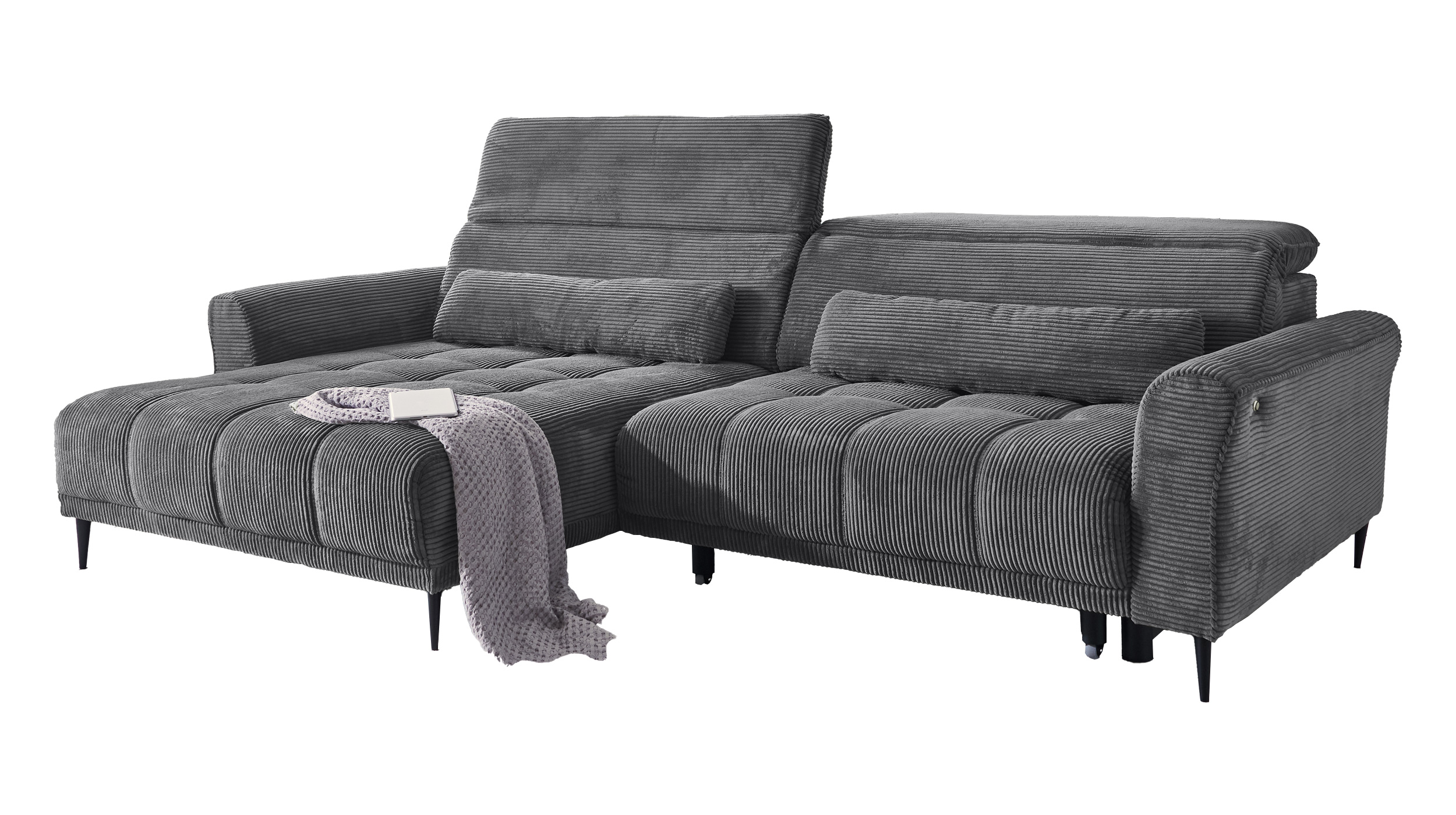 Ecksofa Cord grau ausziehbar - Sitztiefenverstellung - 277 cm - OT links - LOGAN Ecksofa Cord grau ausziehbar - Sitztiefenverstellung - 277 cm - OT links - LOGAN