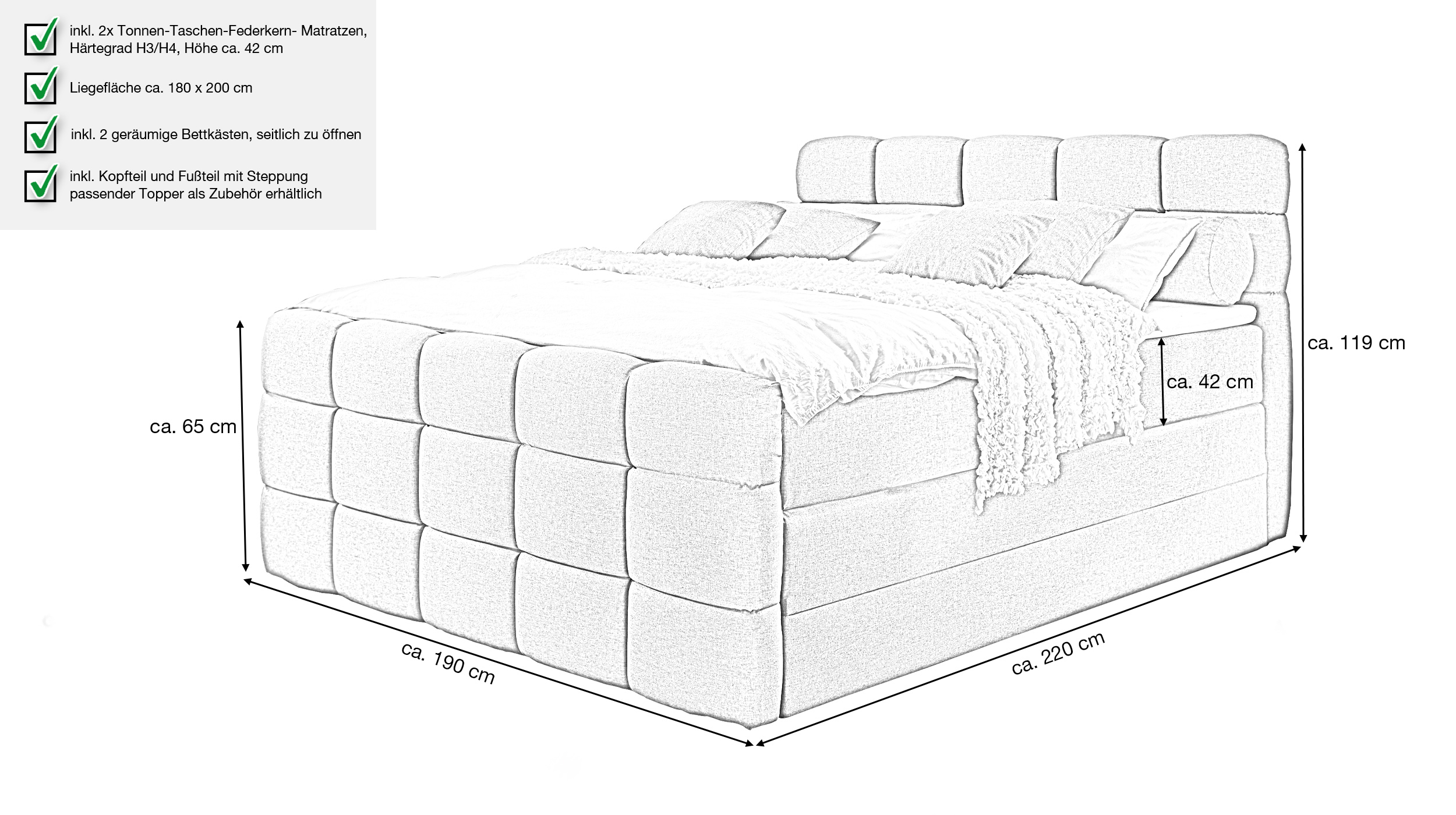 Boxspringbett 180 x 200 cm Bettkasten Webstoff grau - CORVIN