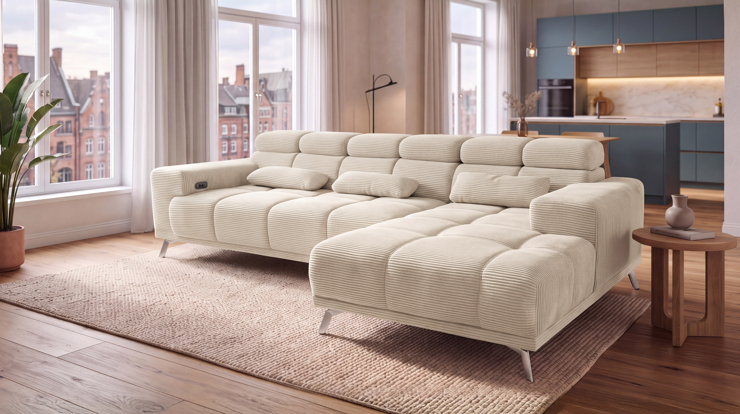Ecksofa Cord beige elektrisch ausfahrbar 285 cm - OT rechts - SPEED