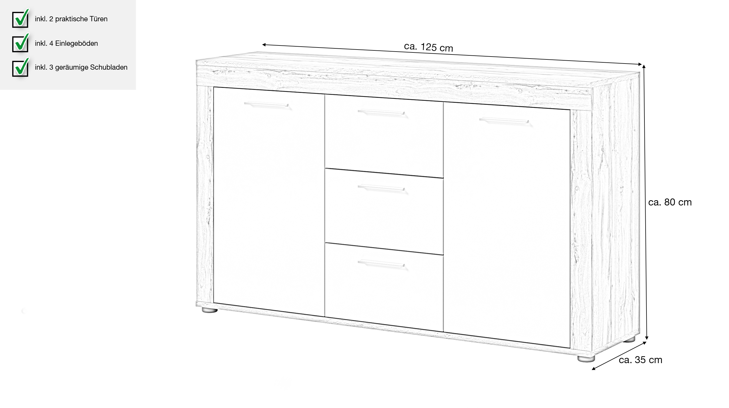 Sideboard mit 3 Schubladen weiß Wotan Eiche 125 cm - JAM