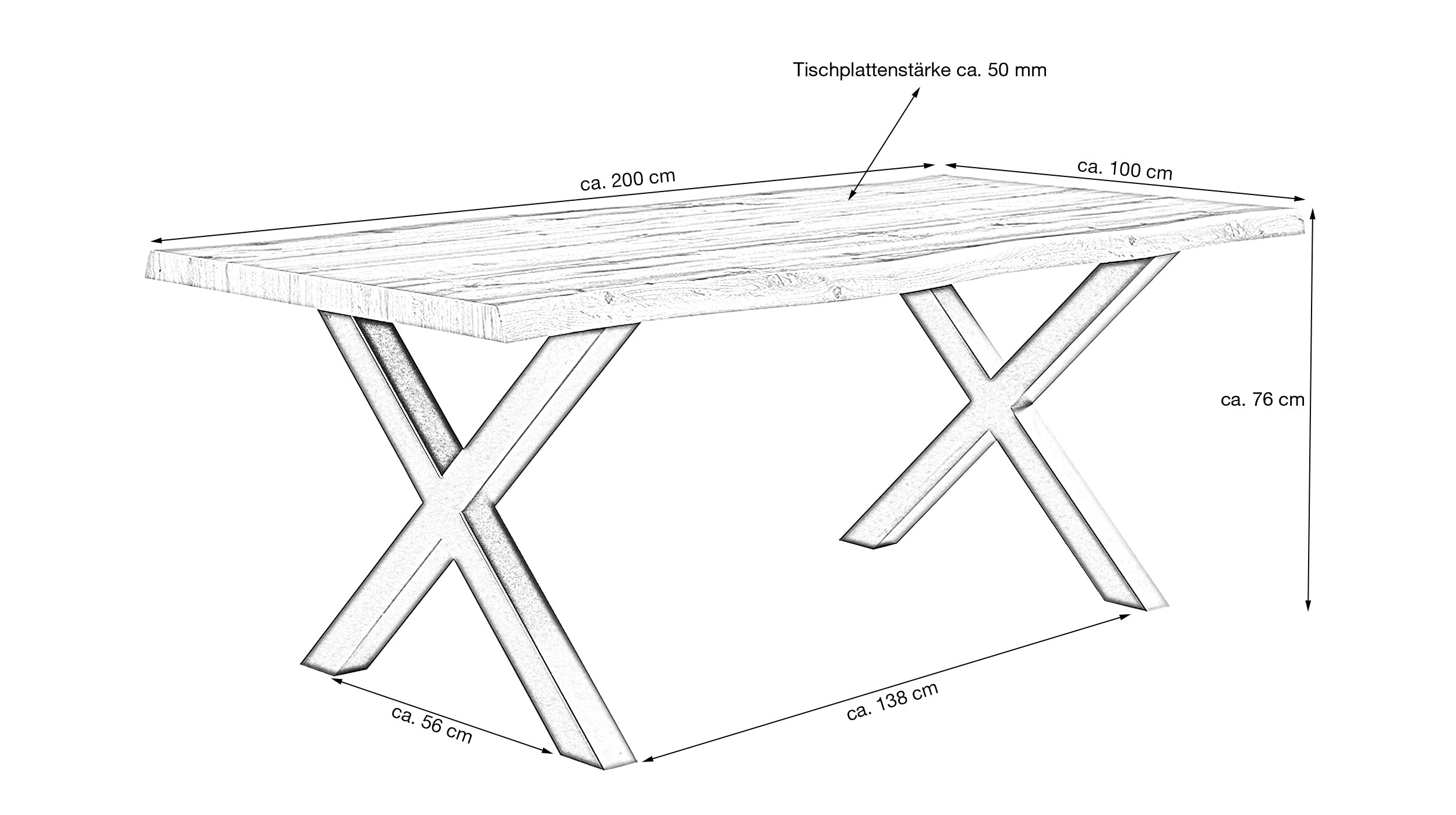 Esstisch Baumkantentisch Optik 200 x 100 cm Wildeiche - MARLON