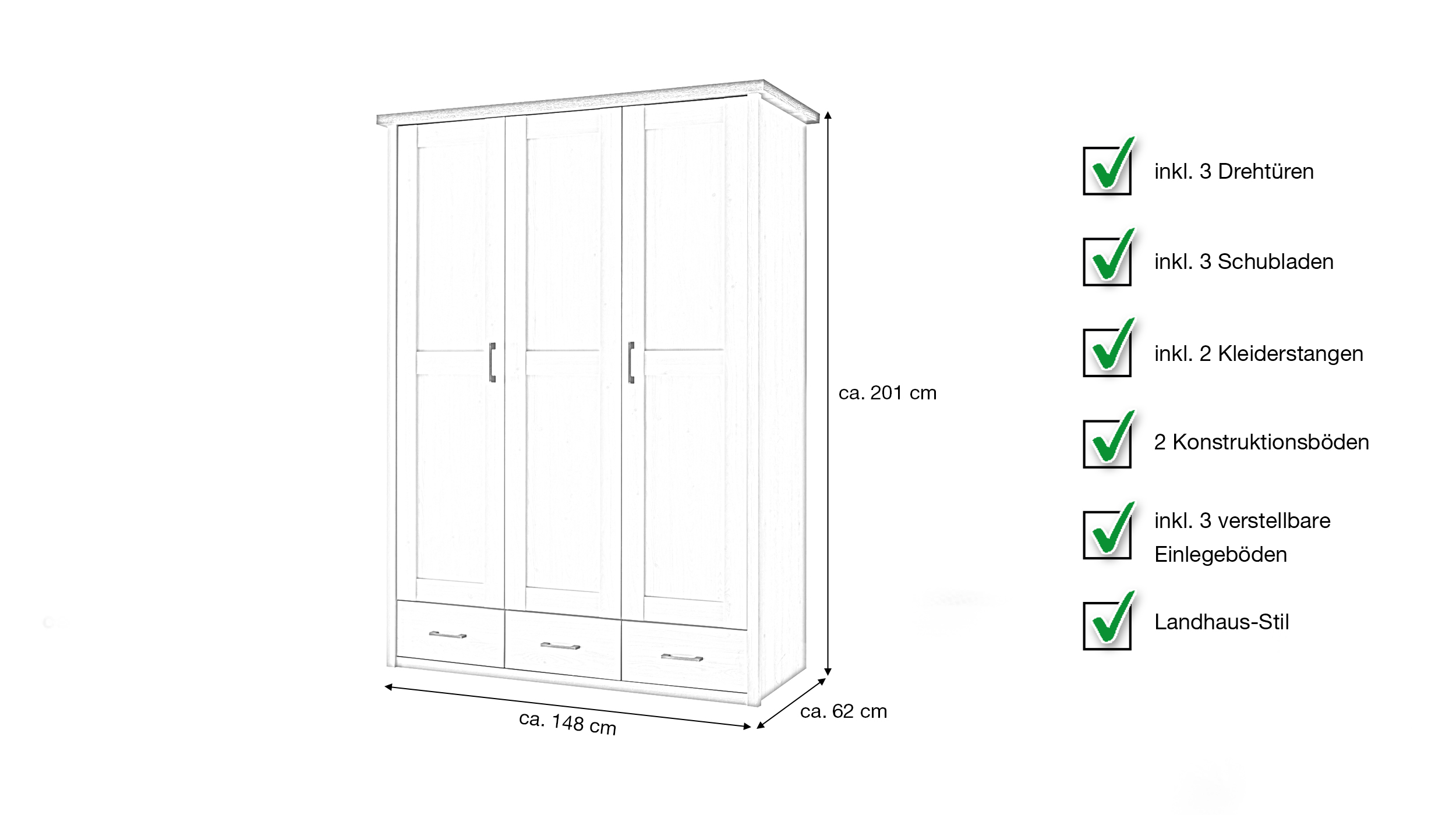 Kleiderschrank 148 cm Pinie weiß 3-türig - LUCA