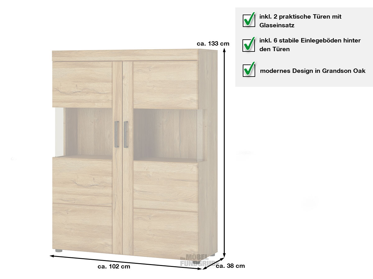 Vitrine mit 2 Glastüren Grandson Eiche Breite 102 cm - CORTINA