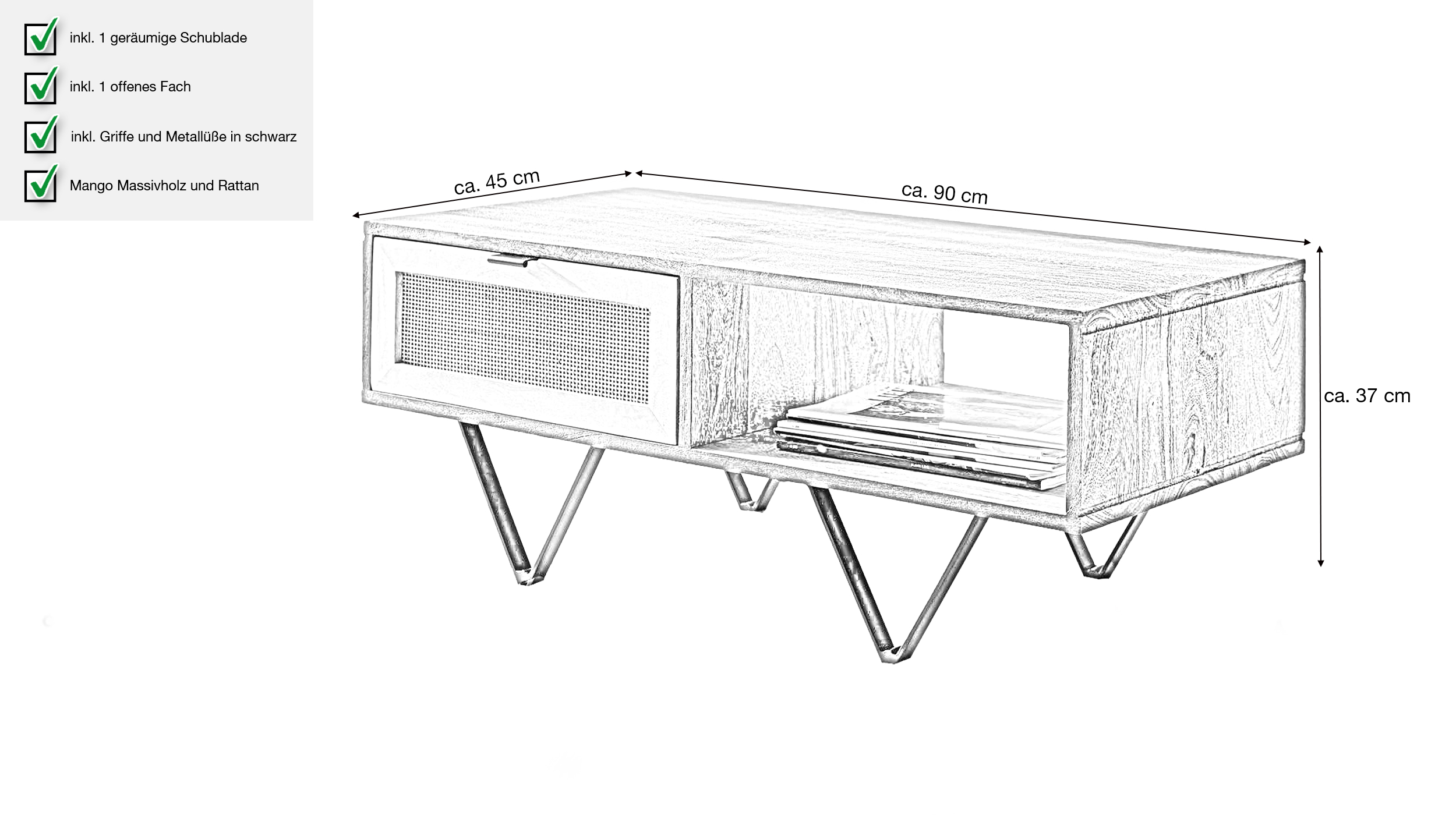 Couchtisch mit Schublade Mango massiv gebeizt 90 x 45 cm - MAGNOR 