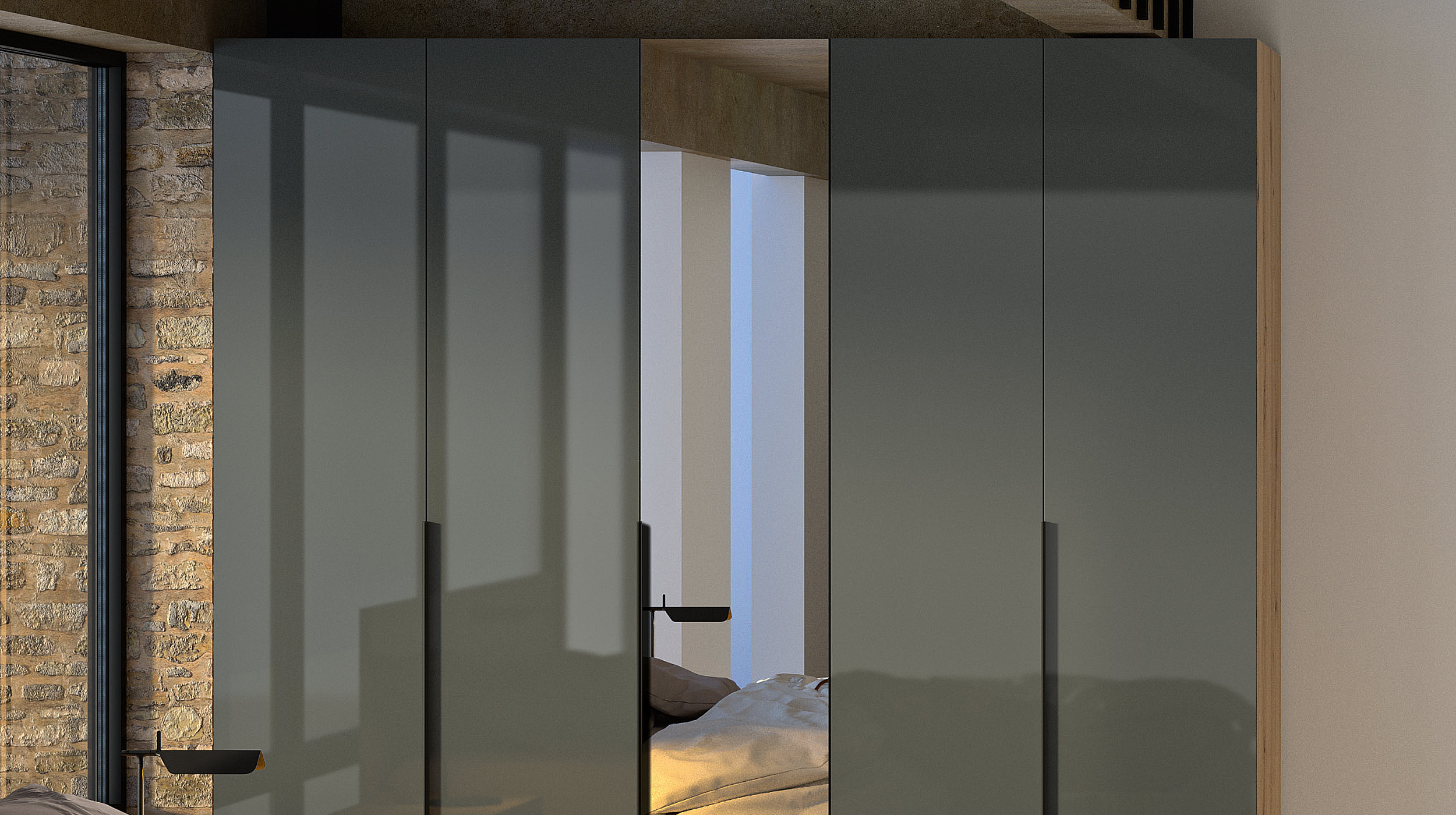 Kleiderschrank mit Spiegel grau hochglanz - Eiche 230 cm - SPOSAMI