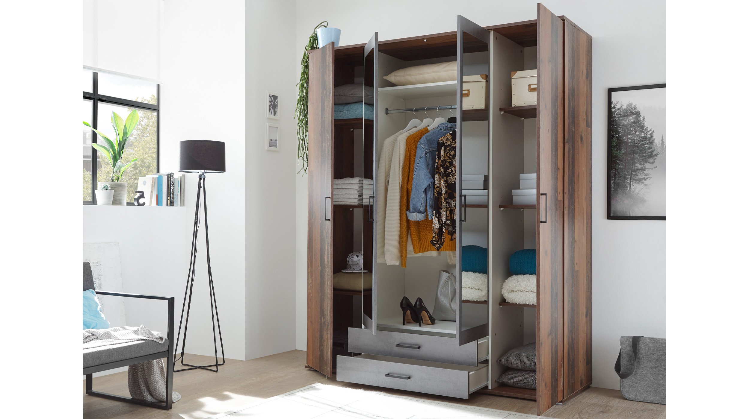 Kleiderschrank mit Spiegel - Old Style - grau - 160 cm - CHICAGO