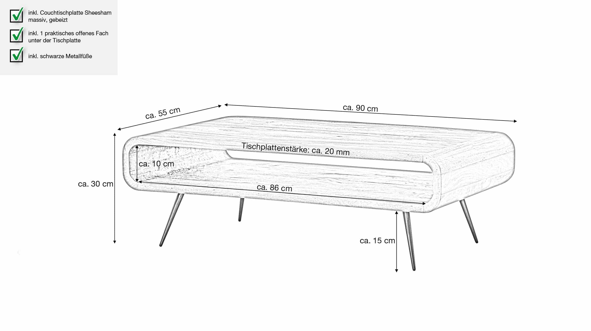 Couchtisch Sheesham massiv gebeizt - 90 x 55 cm - RAYNE