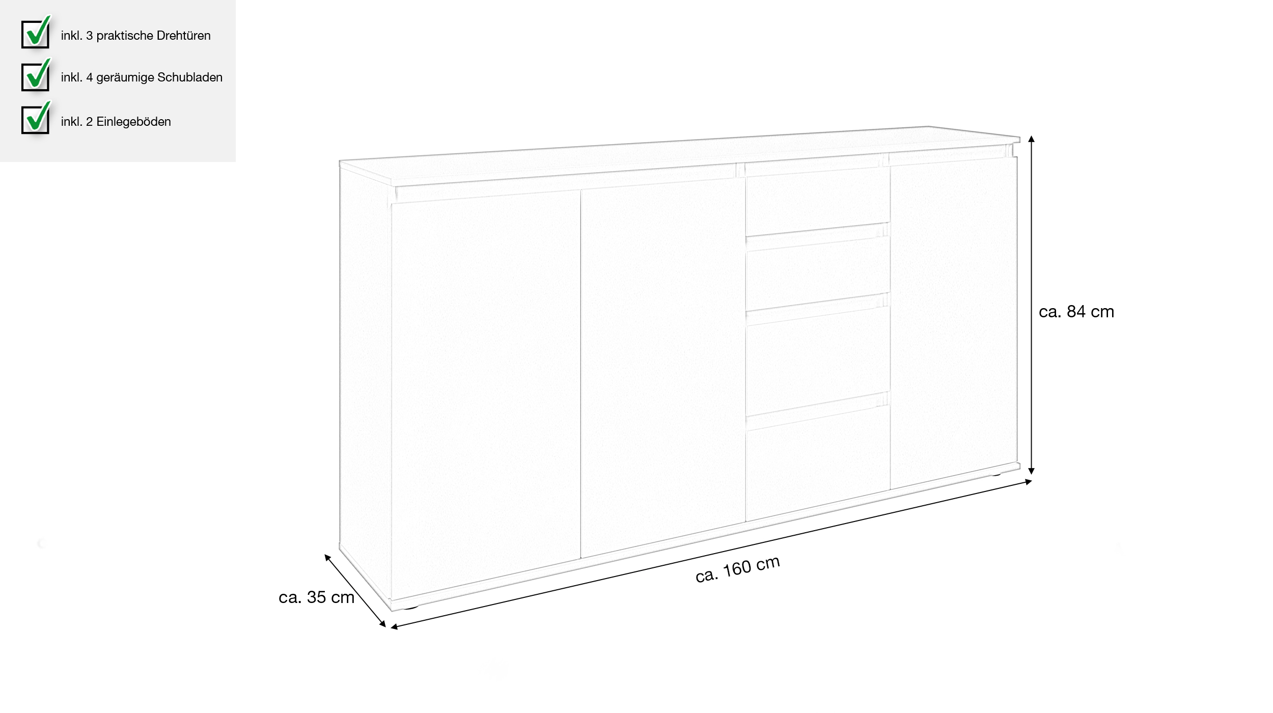 Sideboard mit 4 Schubladen weiß 160 cm - 3-türig - BRESTA