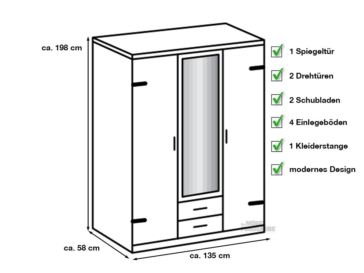 Kleiderschrank mit Spiegel Plankeneiche - graphit - 135 cm LIVERPOOL Kleiderschrank mit Spiegel Plankeneiche - graphit - 135 cm LIVERPOOL