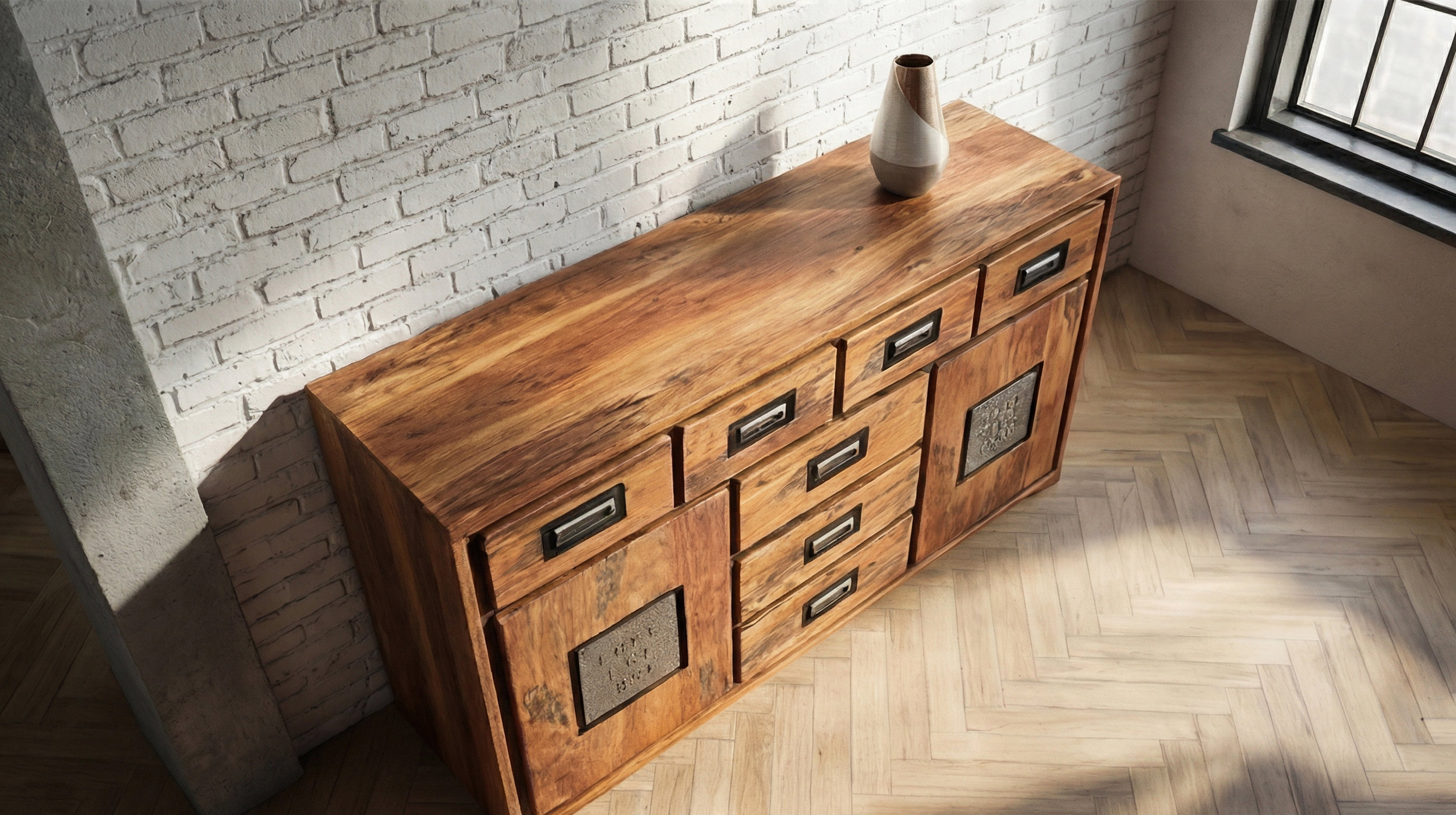 Sideboard Akazie Altholz massiv montiert - 150 cm - NARVIK