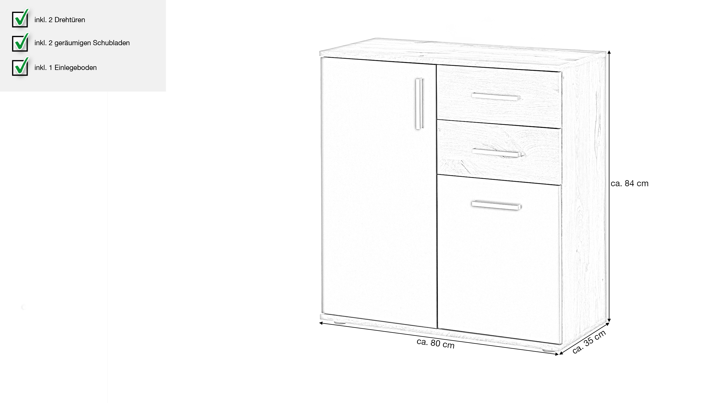 Kommode Viking Oak - grau 80 x 84 cm 2 Schubladen - BOBBY