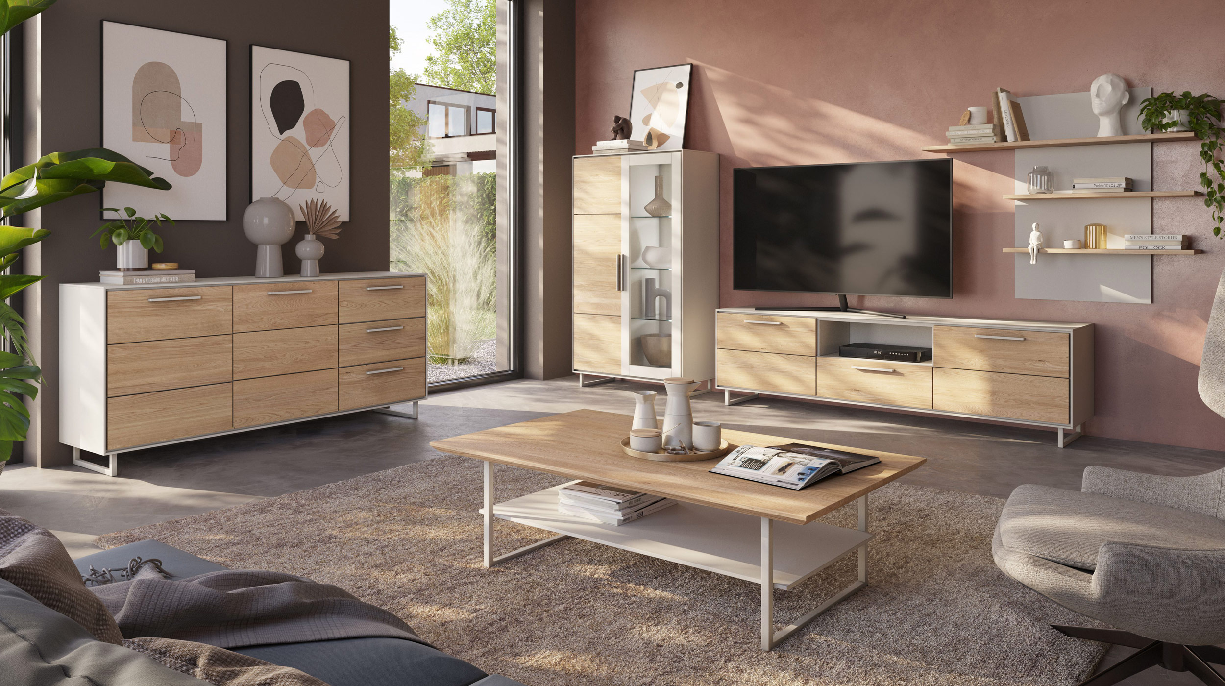 Vitrine mit Glastür Eiche teilmassiv geölt Breite 102 cm - KAI 