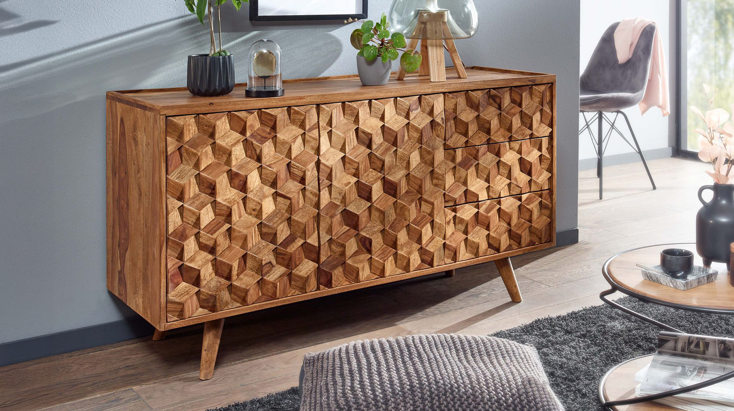 Sideboard mit 3 Schubladen Sheesham massiv gebeizt 138 cm - SUNE