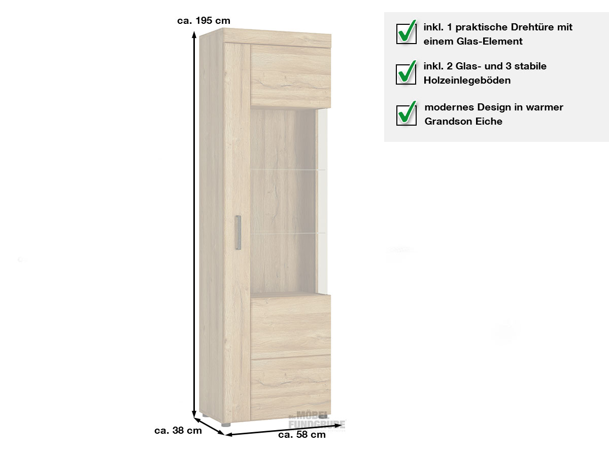 Vitrine mit Glastür Grandson Eiche Breite 58 cm - CORTINA