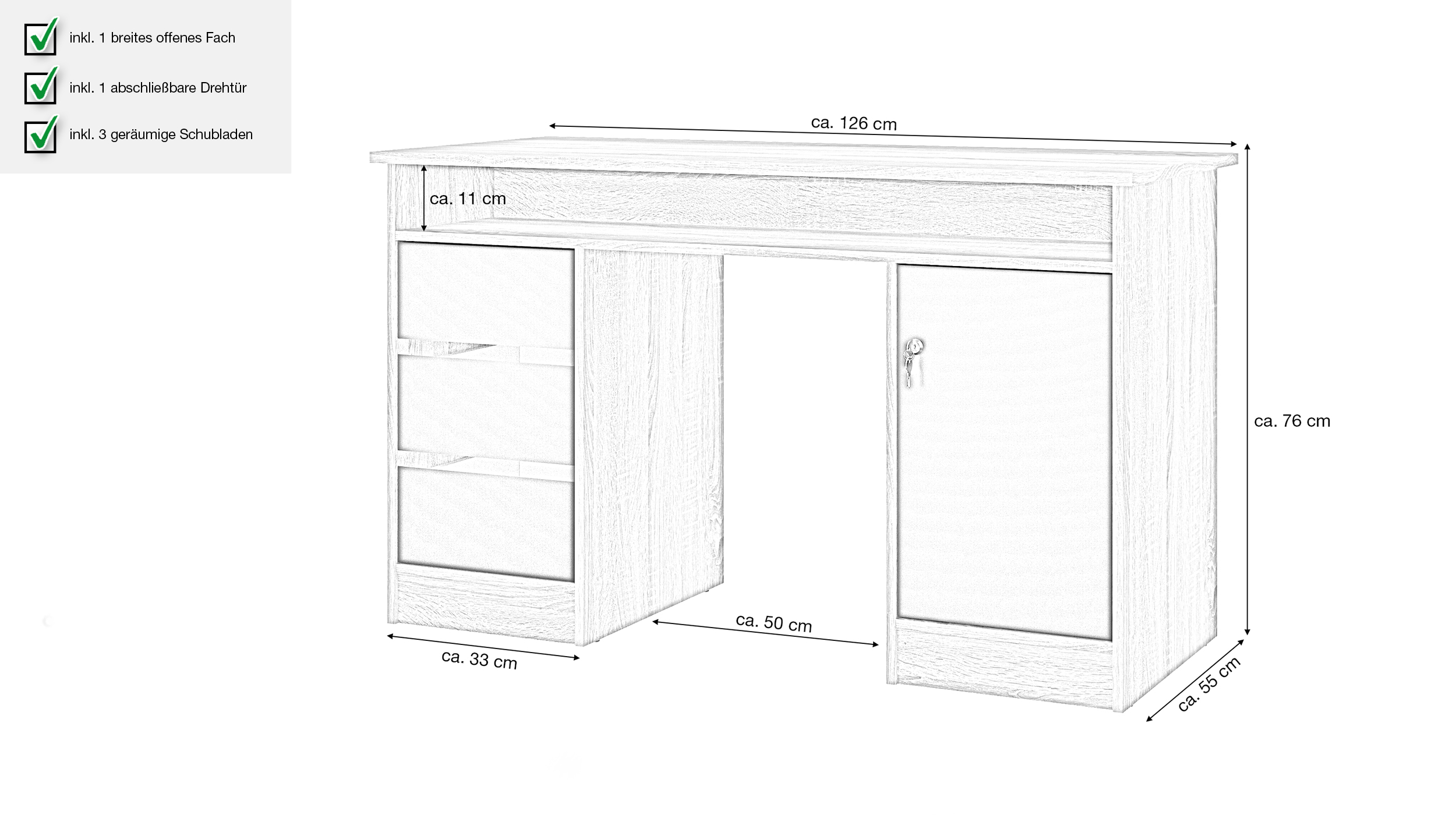 Computerschreibtisch schwarz Eiche 126 x 55 cm - FUNCTION