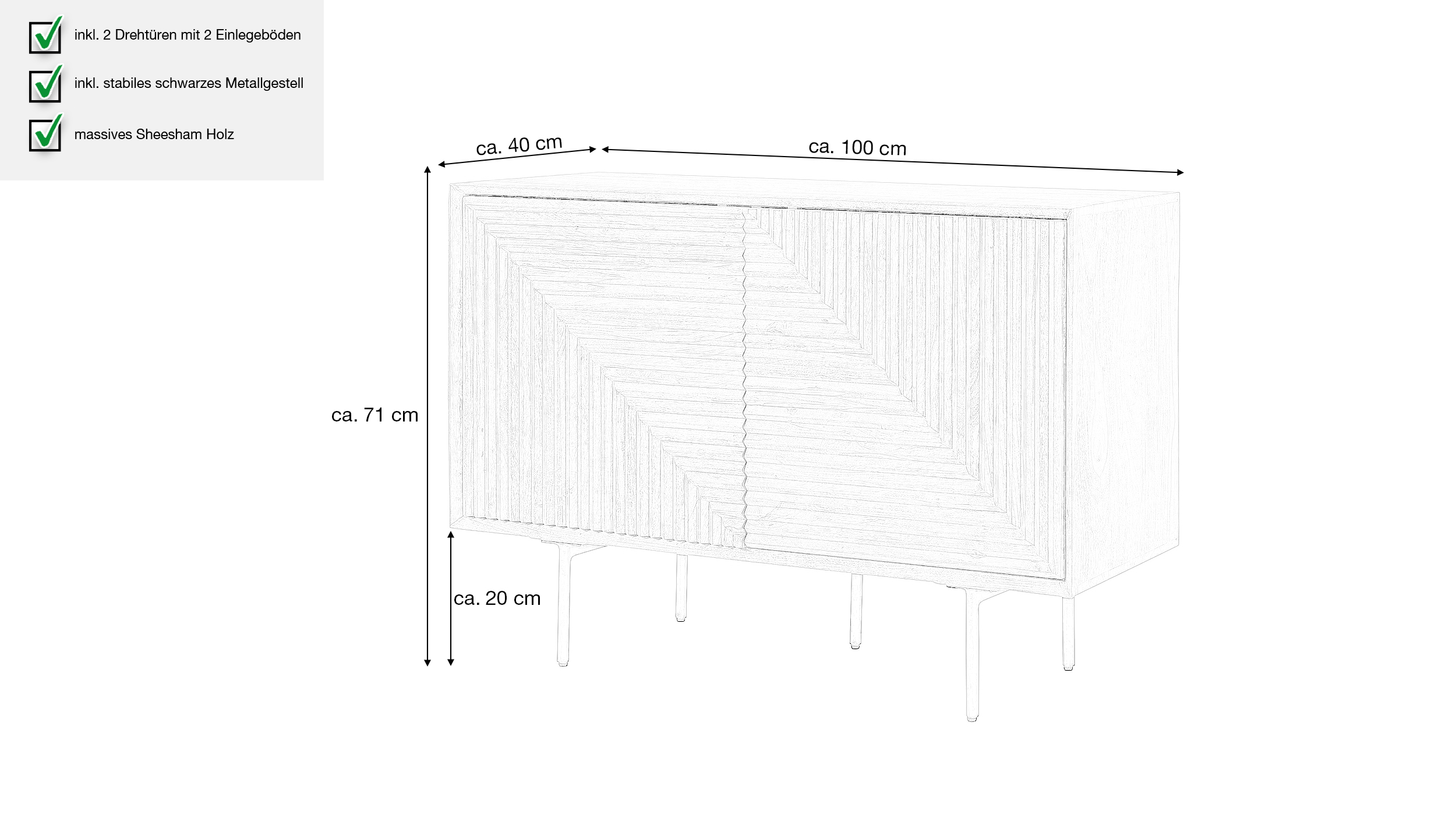 Sideboard Sheesham massiv 100 x 40 cm 2-türig -  DAINA