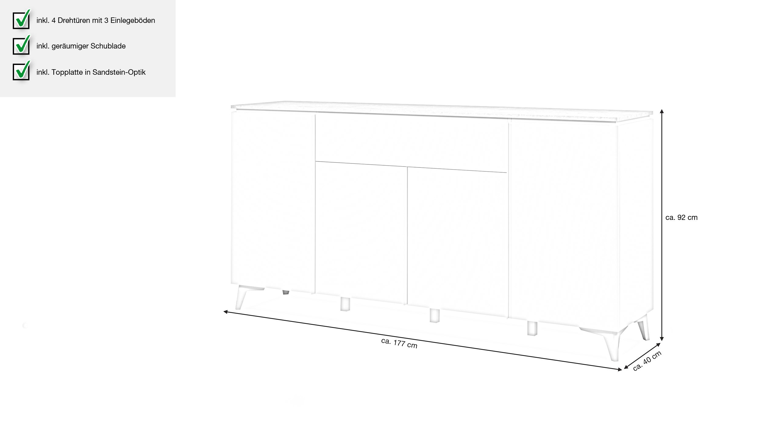 Sideboard Schublade weiß - Sandstein 177 cm - BERTRIX 