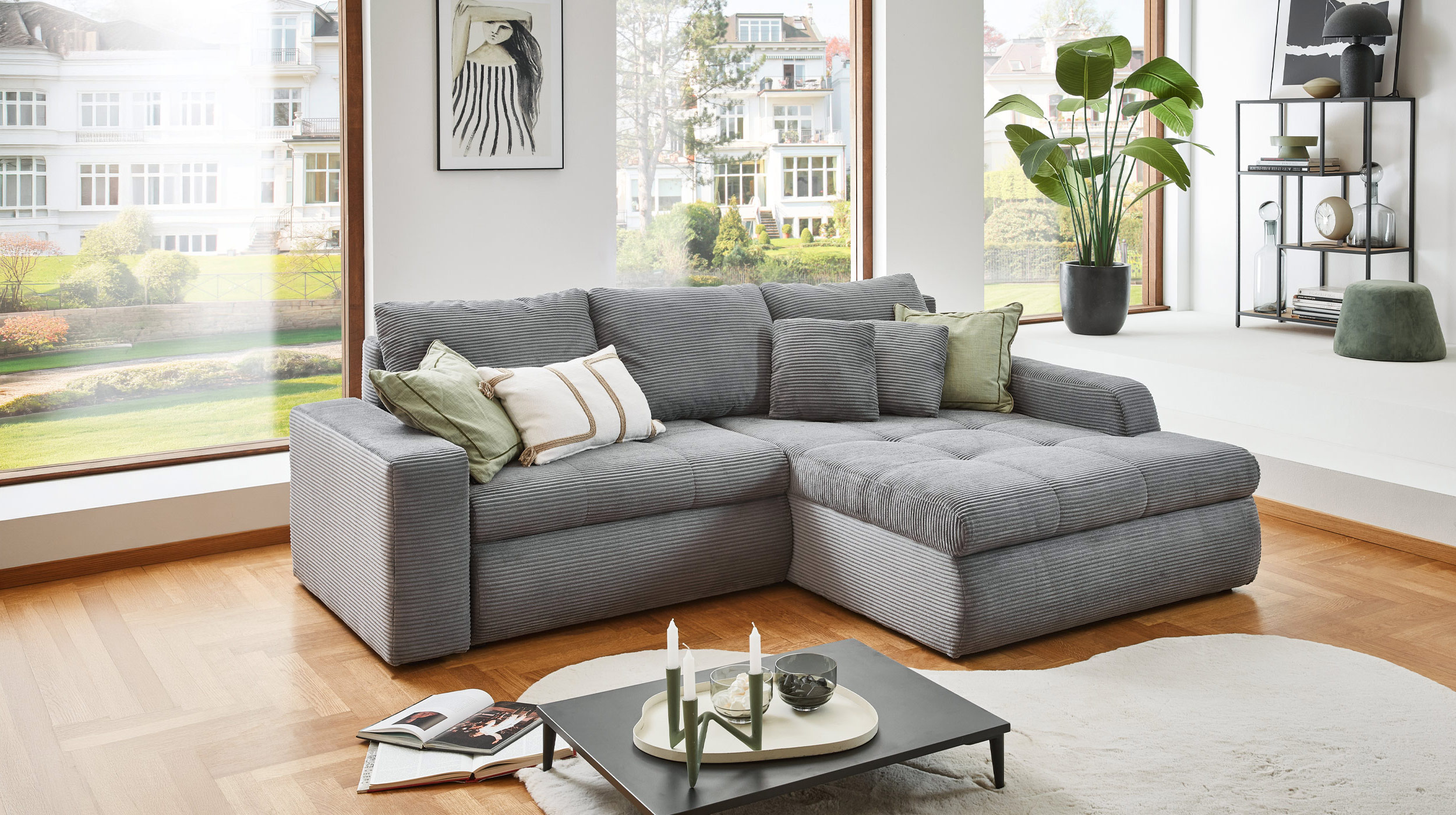 Ecksofa Cord Schlaffunktion Bettkasten grau 241 cm - OT rechts - LUNO