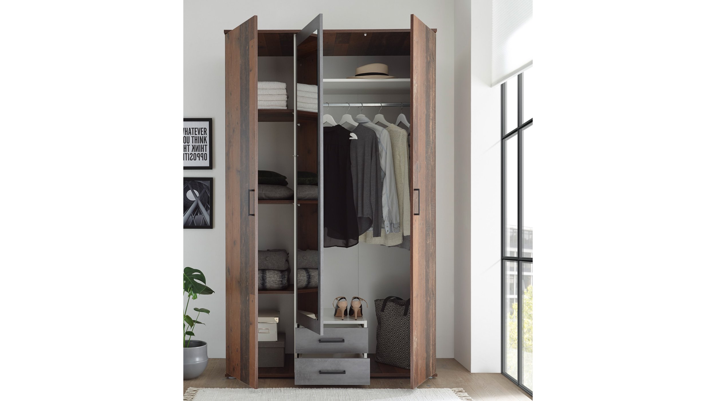 Kleiderschrank mit Spiegel - Old Style - grau - 120 cm - CHICAGO