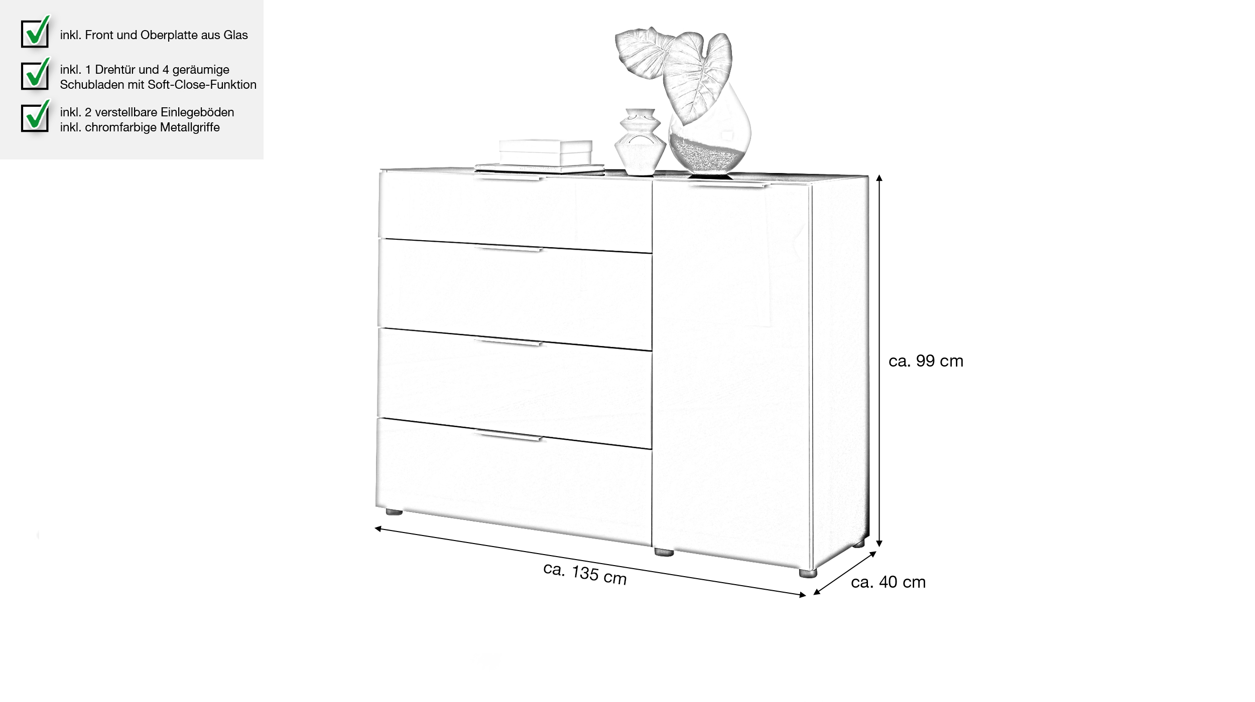 Kommode 4 Schubladen - anthrazit - Glasfront - 135 cm - SANTORIN